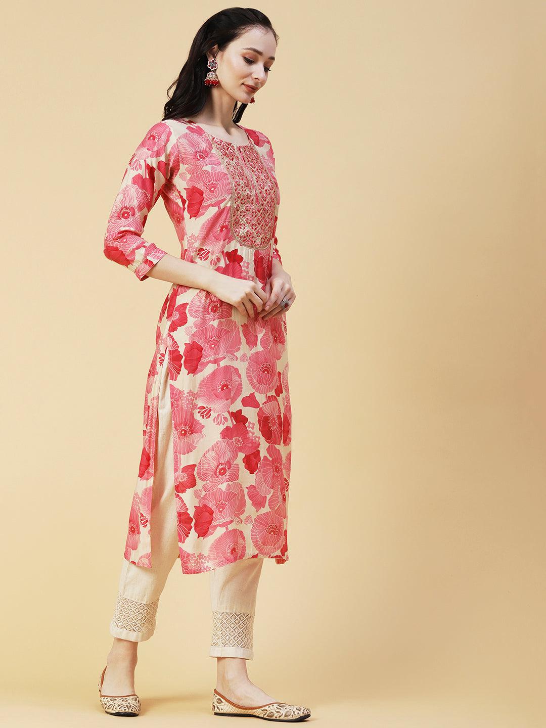 Abstract Floral Printed & Embroidered Straight Fit Kurta - Pink - Indiakreations