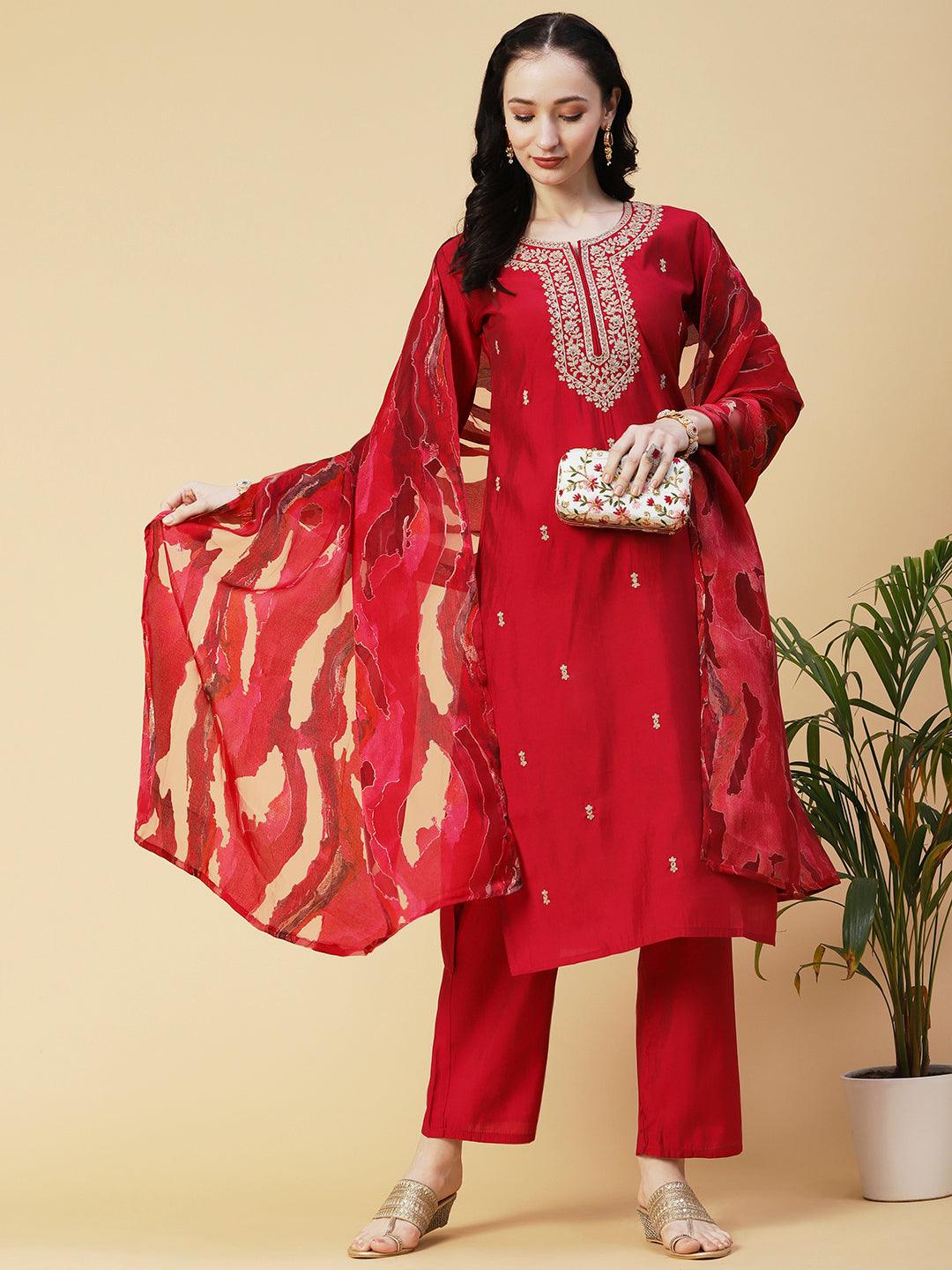 Solid Ethnic Embroidered Straight Fit Kurta with Pant & Marbling Dupatta - Magenta - Indiakreations