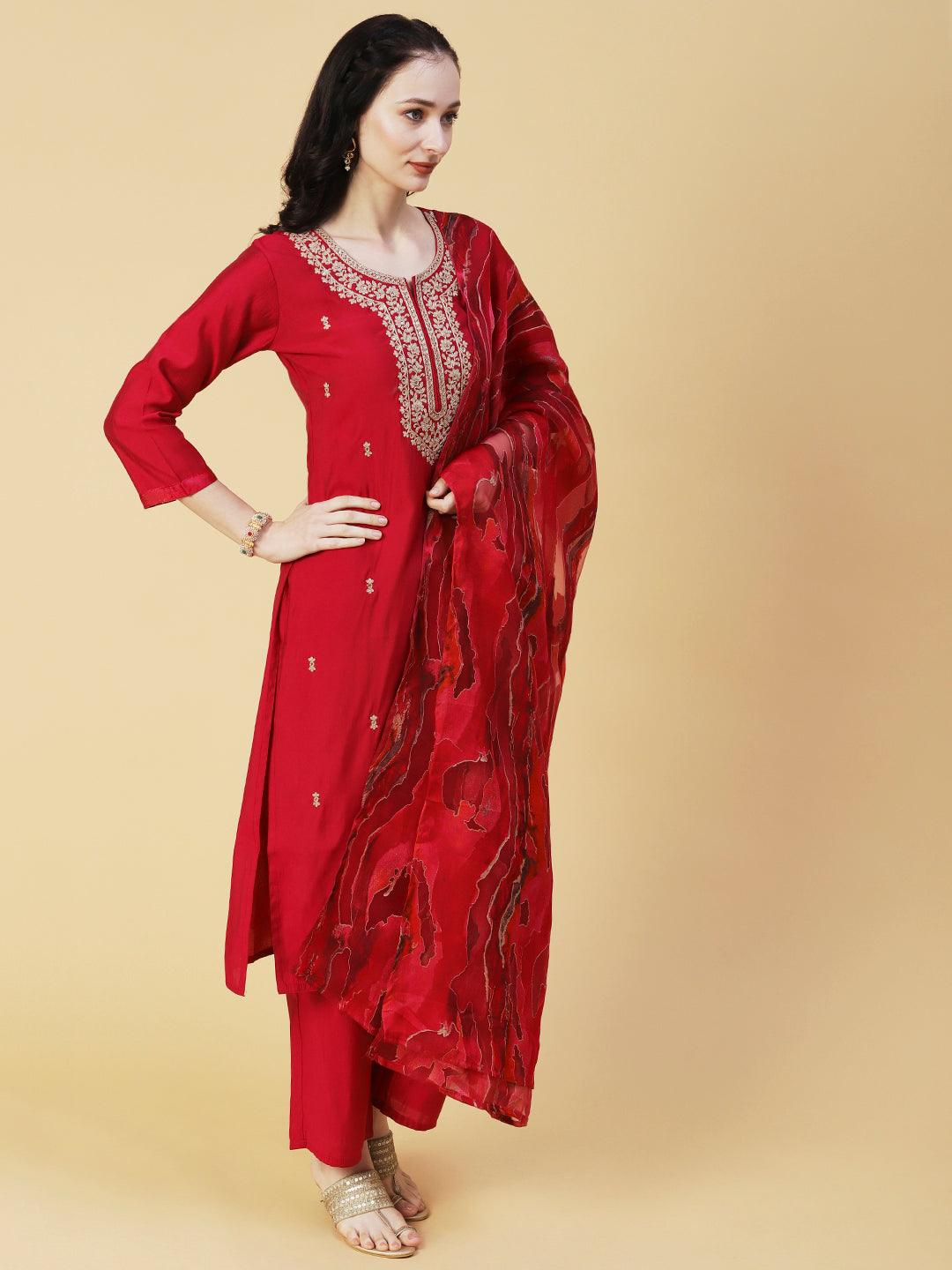 Solid Ethnic Embroidered Straight Fit Kurta with Pant & Marbling Dupatta - Magenta - Indiakreations