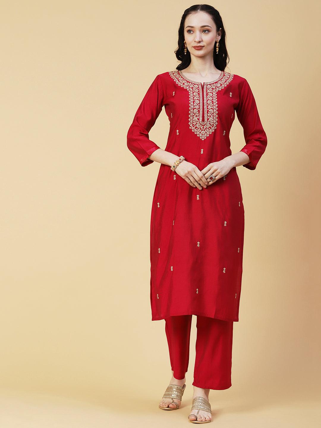 Solid Ethnic Embroidered Straight Fit Kurta with Pant & Marbling Dupatta - Magenta - Indiakreations