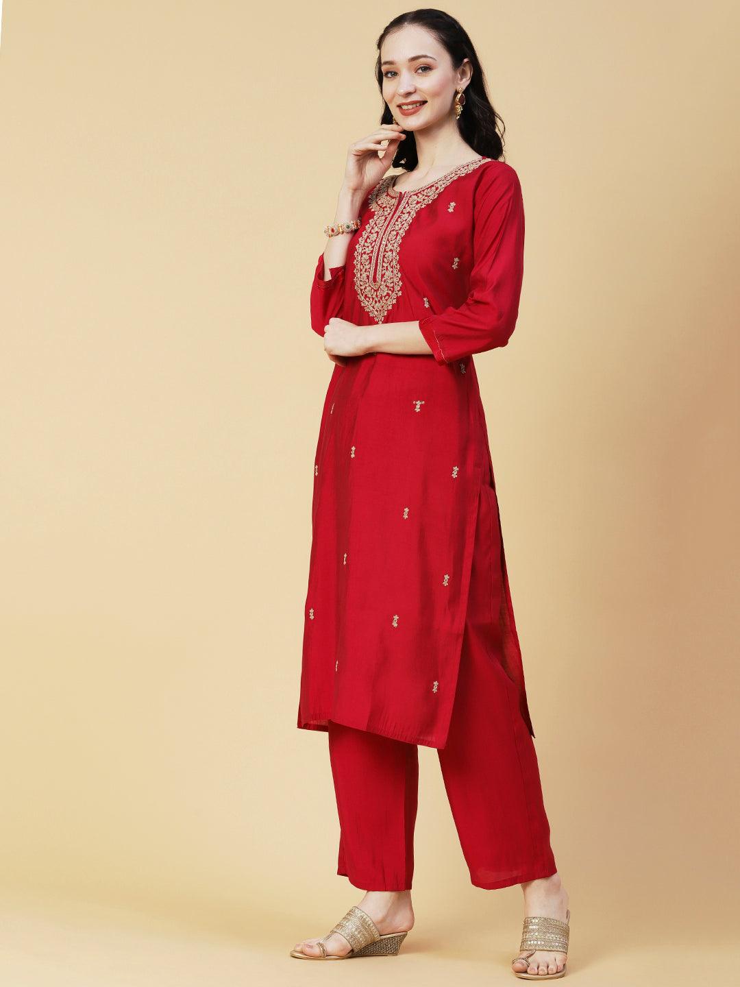 Solid Ethnic Embroidered Straight Fit Kurta with Pant & Marbling Dupatta - Magenta - Indiakreations