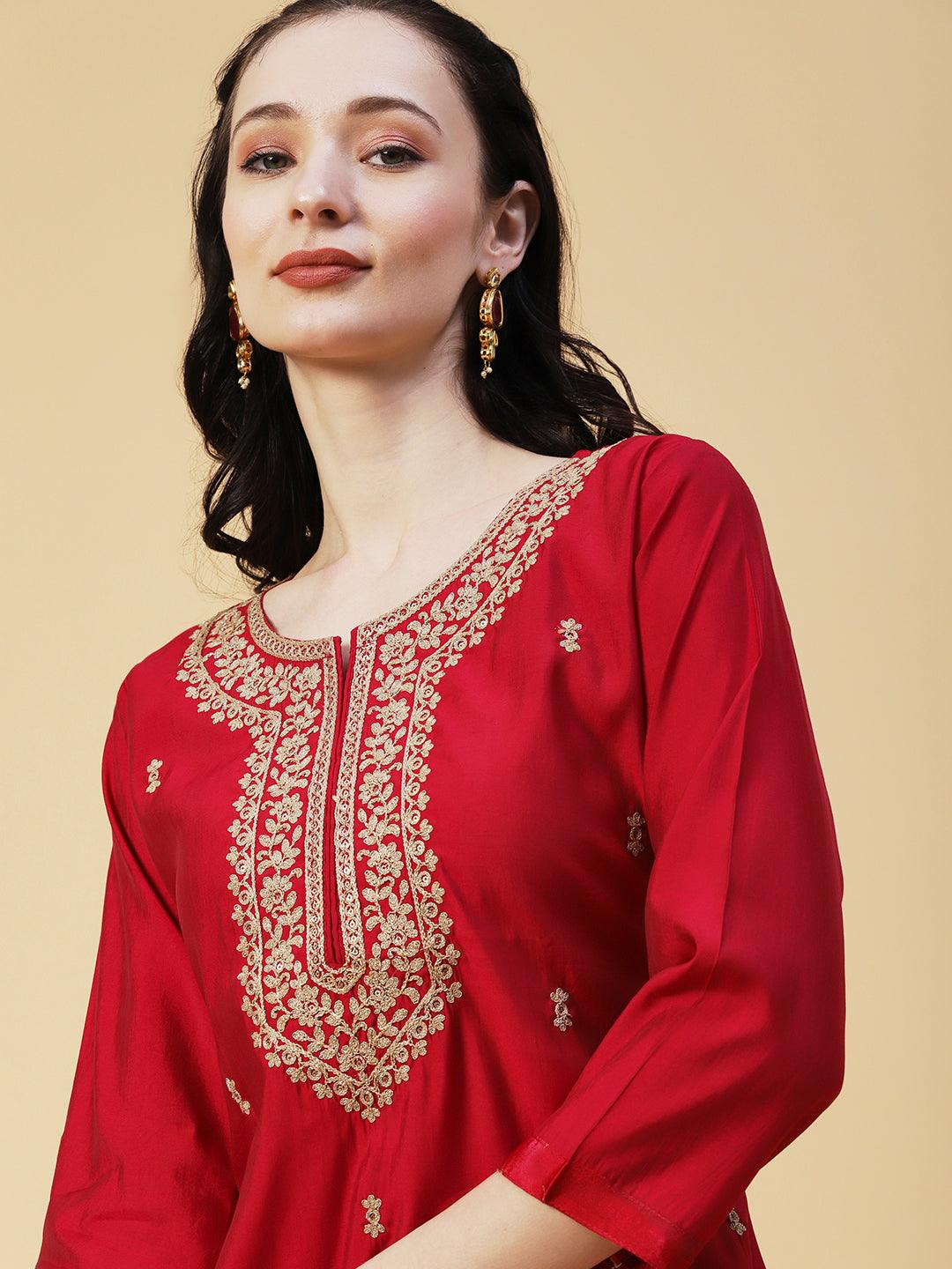 Solid Ethnic Embroidered Straight Fit Kurta with Pant & Marbling Dupatta - Magenta - Indiakreations