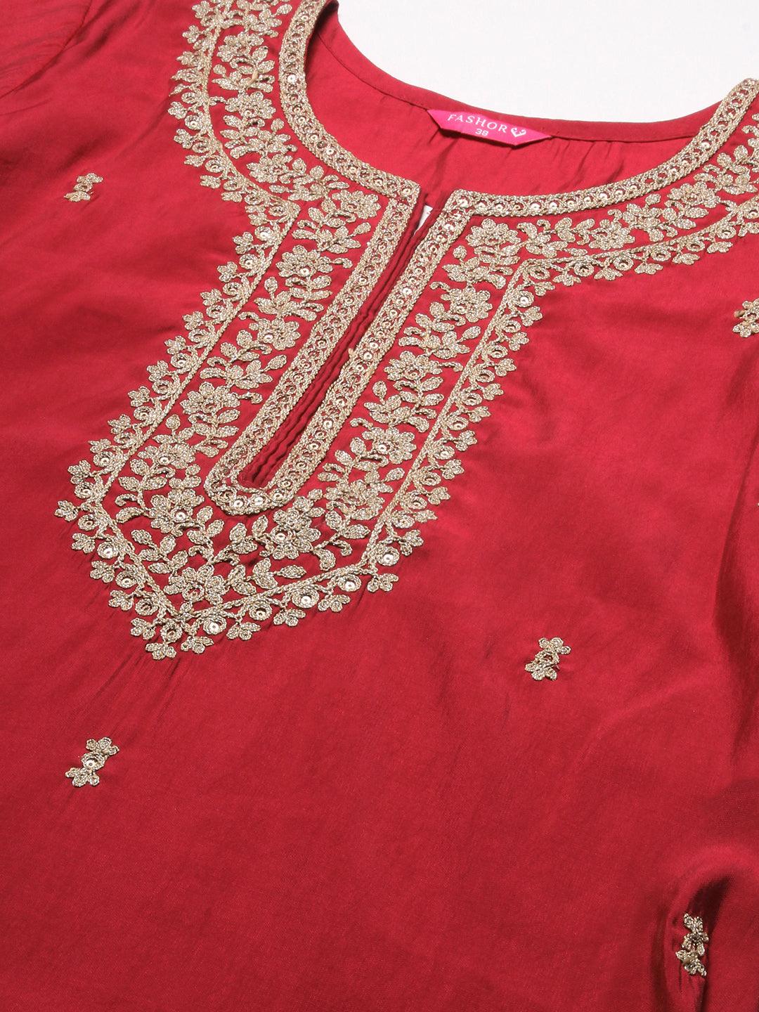 Solid Ethnic Embroidered Straight Fit Kurta with Pant & Marbling Dupatta - Magenta - Indiakreations