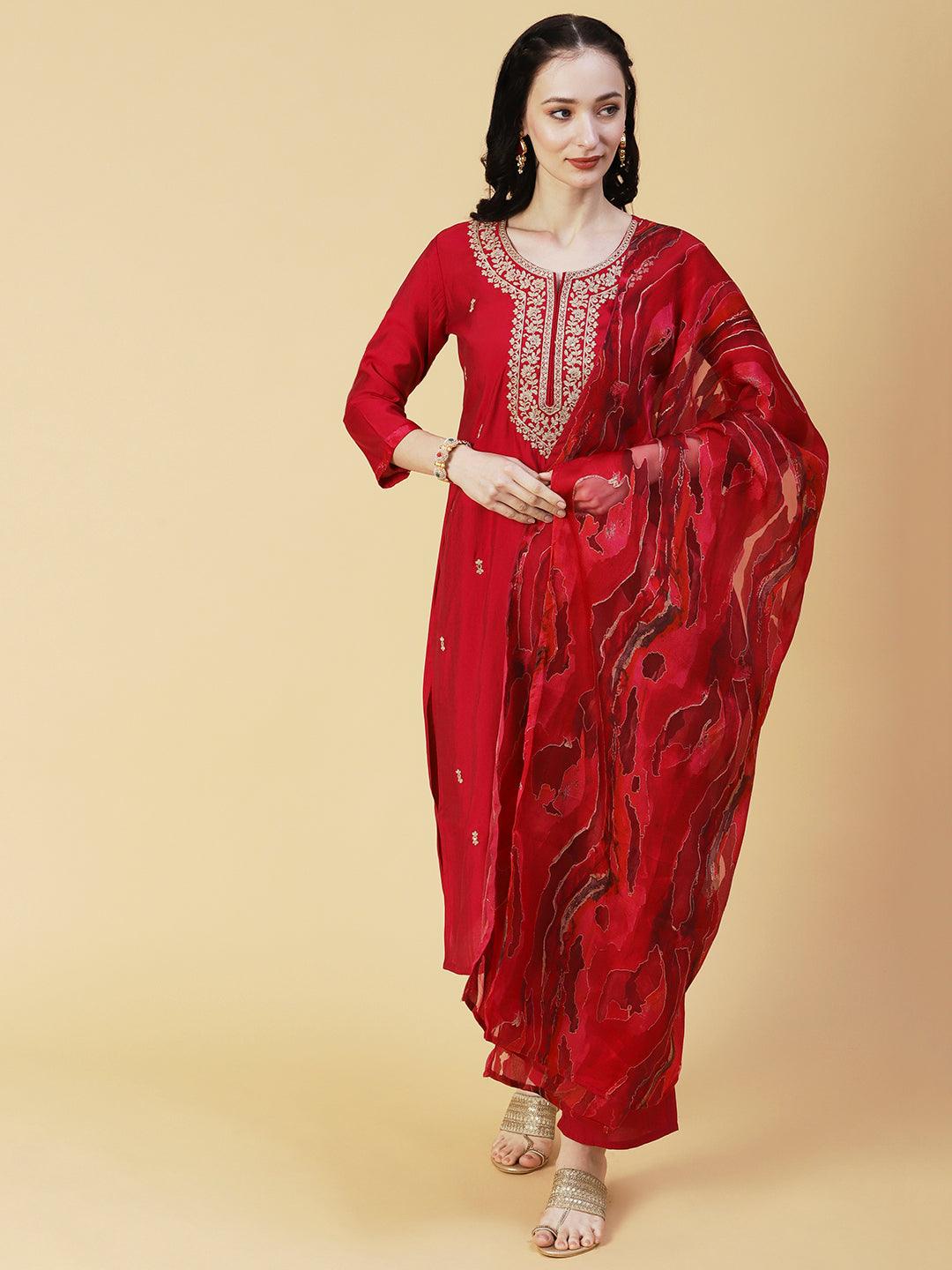 Solid Ethnic Embroidered Straight Fit Kurta with Pant & Marbling Dupatta - Magenta - Indiakreations