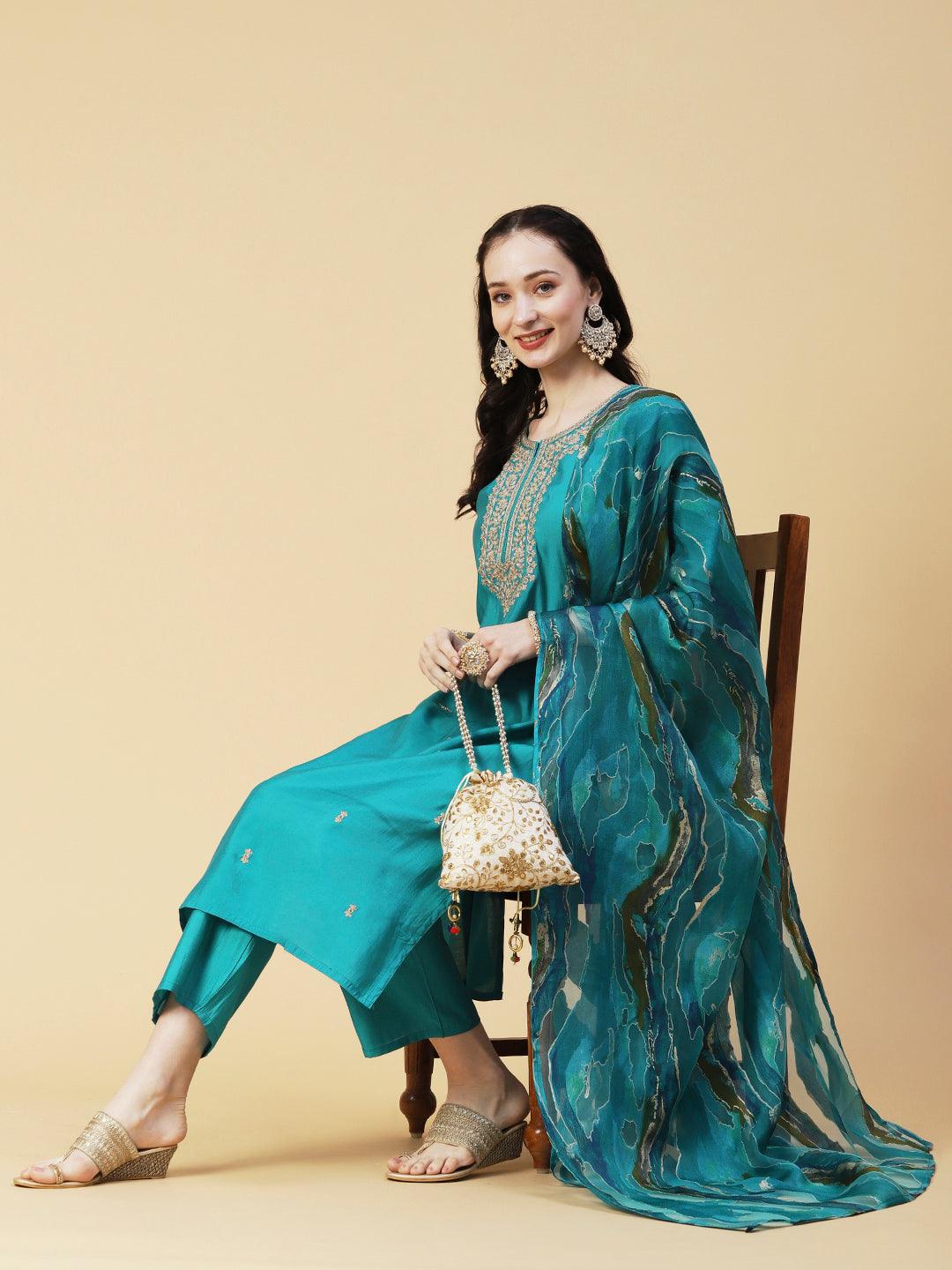 Solid Ethnic Embroidered Straight Fit Kurta with Pant & Marbling Dupatta - Turquoise Blue - Indiakreations