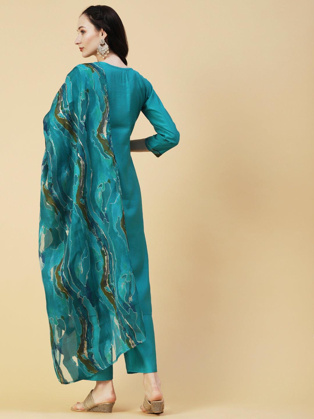 Solid Ethnic Embroidered Straight Fit Kurta with Pant & Marbling Dupatta - Turquoise Blue - Indiakreations