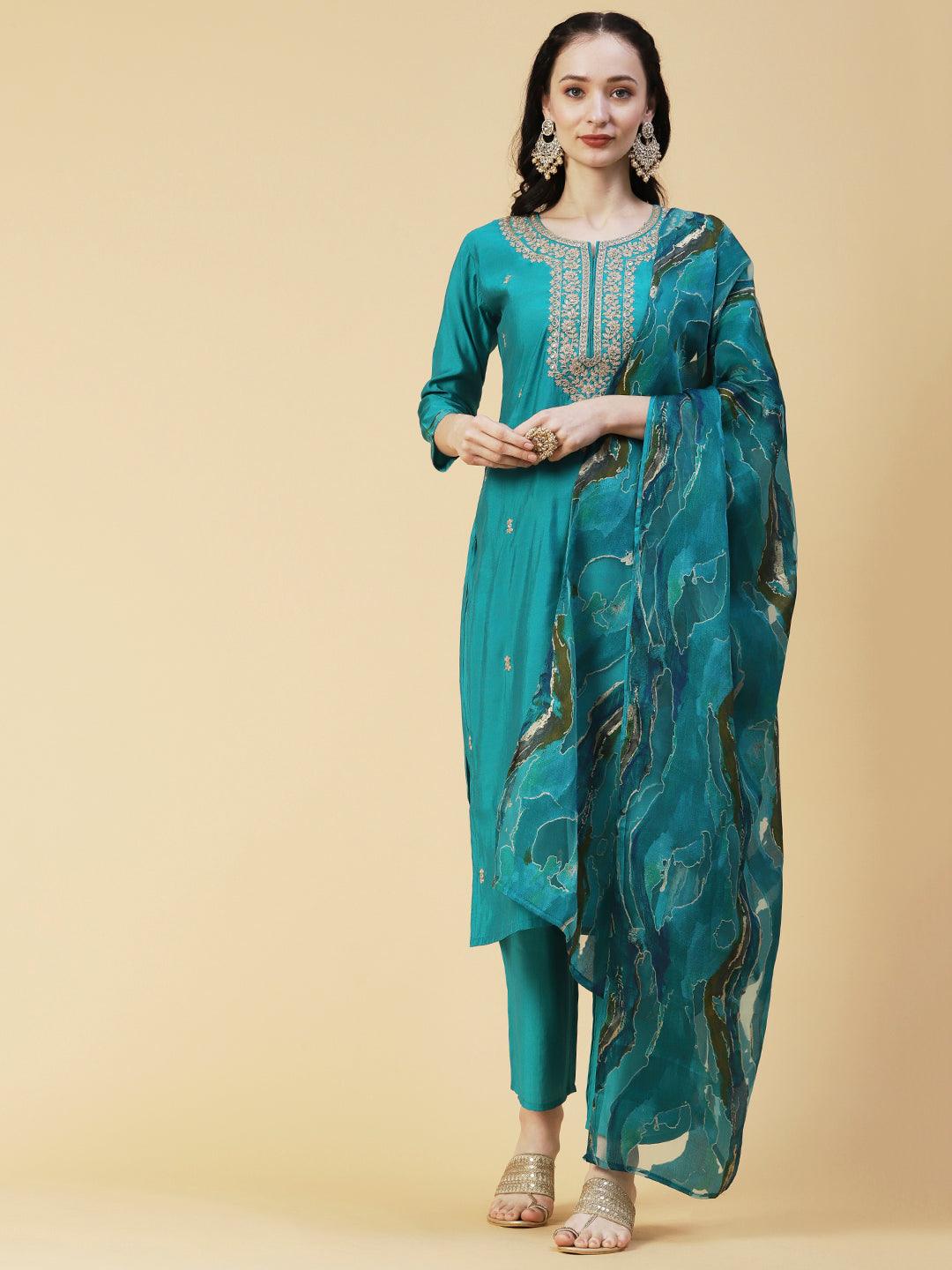 Solid Ethnic Embroidered Straight Fit Kurta with Pant & Marbling Dupatta - Turquoise Blue - Indiakreations