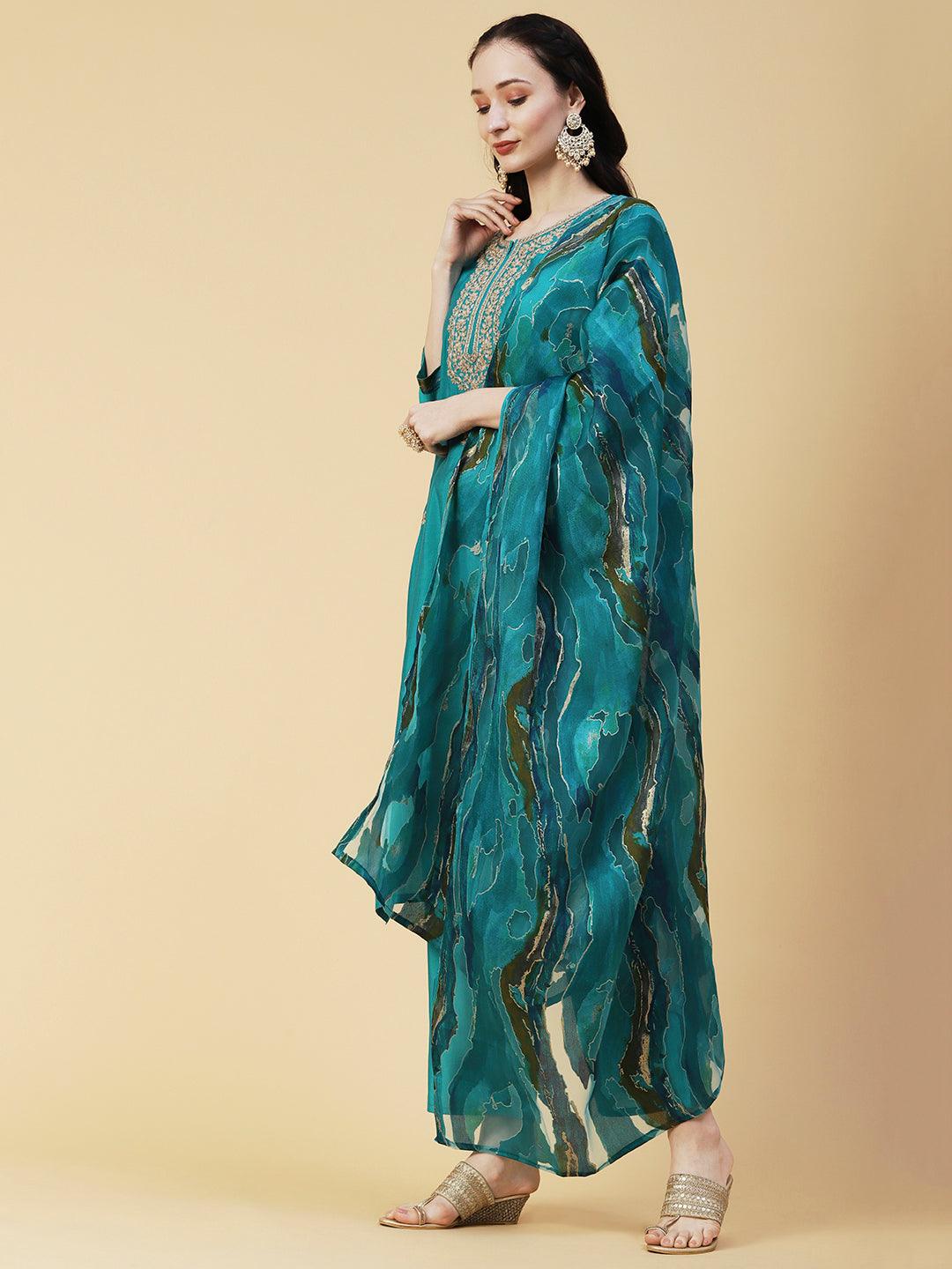 Solid Ethnic Embroidered Straight Fit Kurta with Pant & Marbling Dupatta - Turquoise Blue - Indiakreations