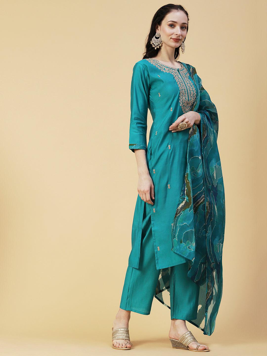 Solid Ethnic Embroidered Straight Fit Kurta with Pant & Marbling Dupatta - Turquoise Blue - Indiakreations