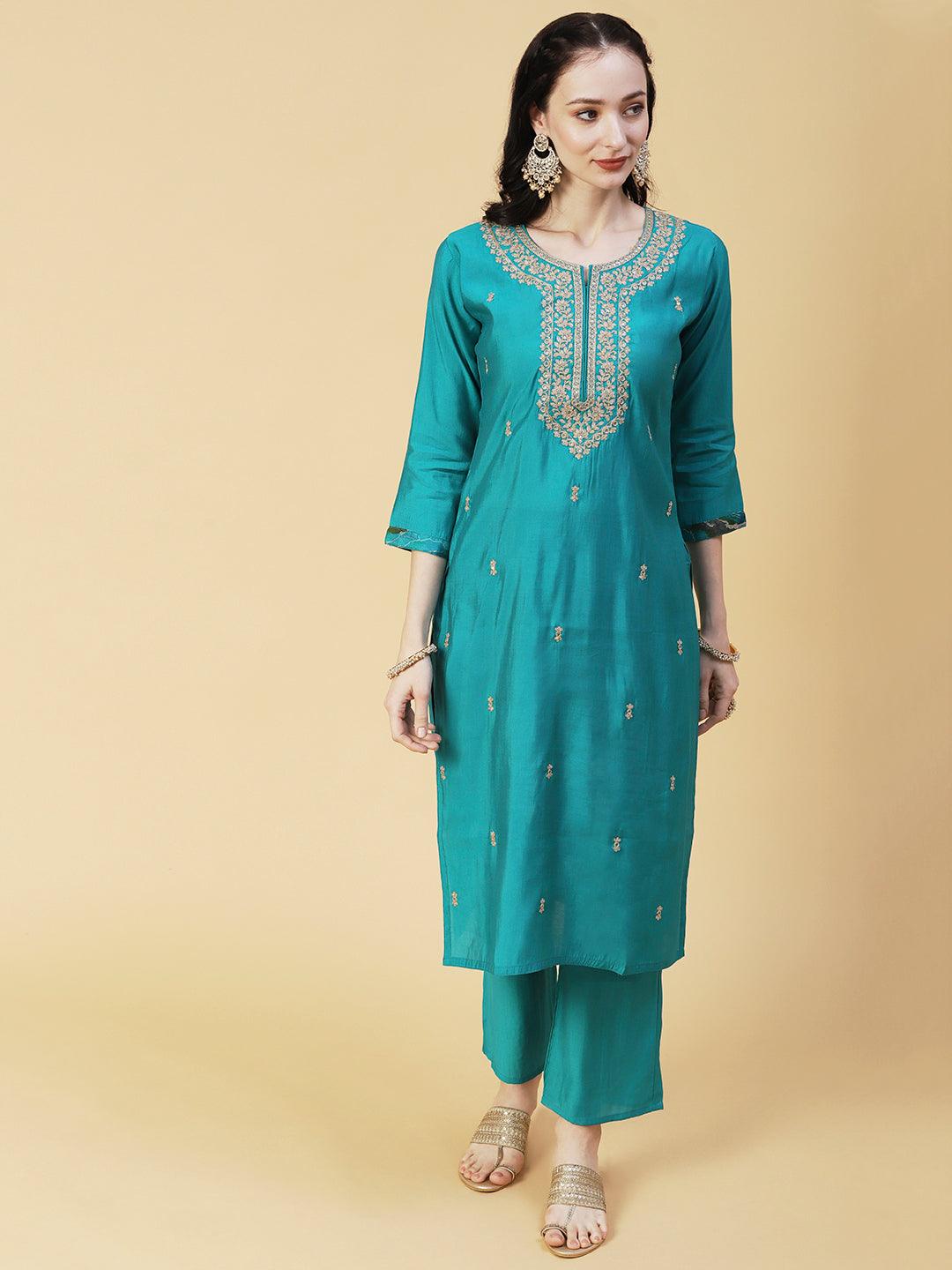 Solid Ethnic Embroidered Straight Fit Kurta with Pant & Marbling Dupatta - Turquoise Blue - Indiakreations