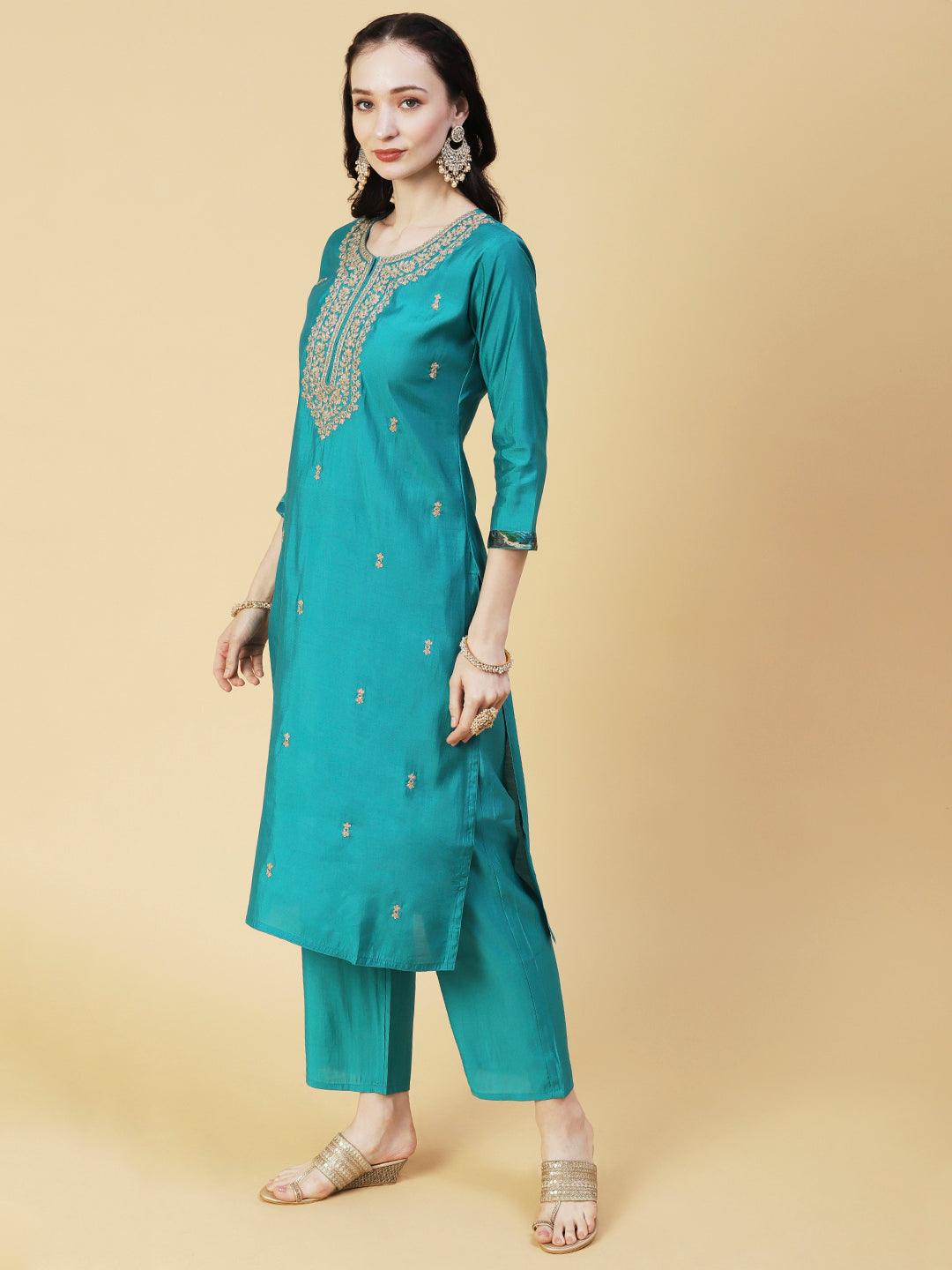 Solid Ethnic Embroidered Straight Fit Kurta with Pant & Marbling Dupatta - Turquoise Blue - Indiakreations