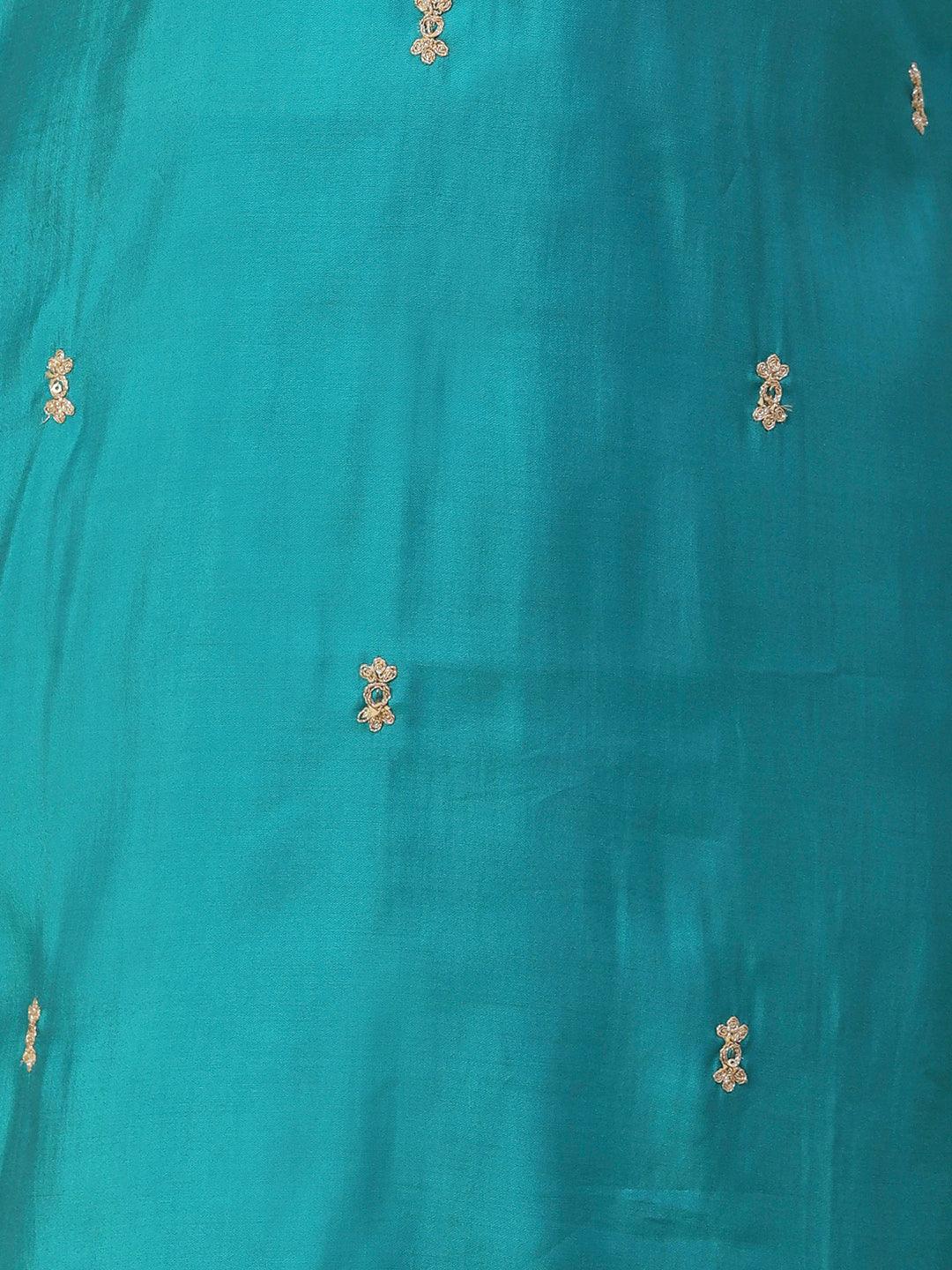 Solid Ethnic Embroidered Straight Fit Kurta with Pant & Marbling Dupatta - Turquoise Blue - Indiakreations