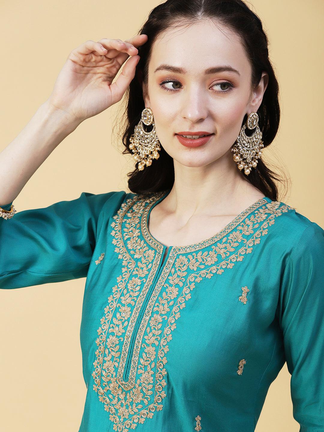 Solid Ethnic Embroidered Straight Fit Kurta with Pant & Marbling Dupatta - Turquoise Blue - Indiakreations