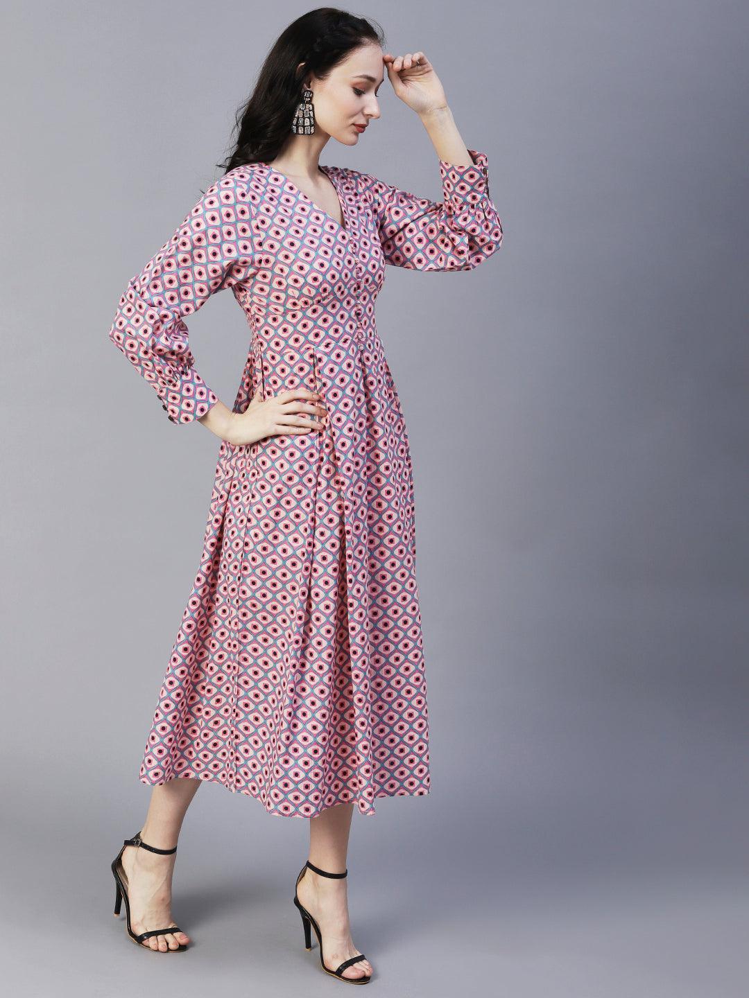 Geometric Printed A-Line Fit & Flare Midi Dress - Pink - Indiakreations