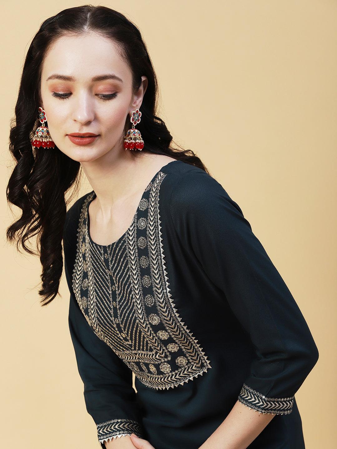 Solid Ethnic Sequin Embroidered Straight Fit Kurta - Dark Green - Indiakreations