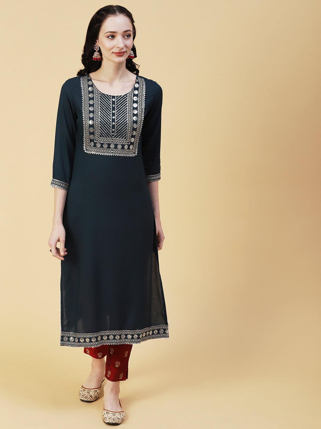 Solid Ethnic Sequin Embroidered Straight Fit Kurta - Dark Green - Indiakreations