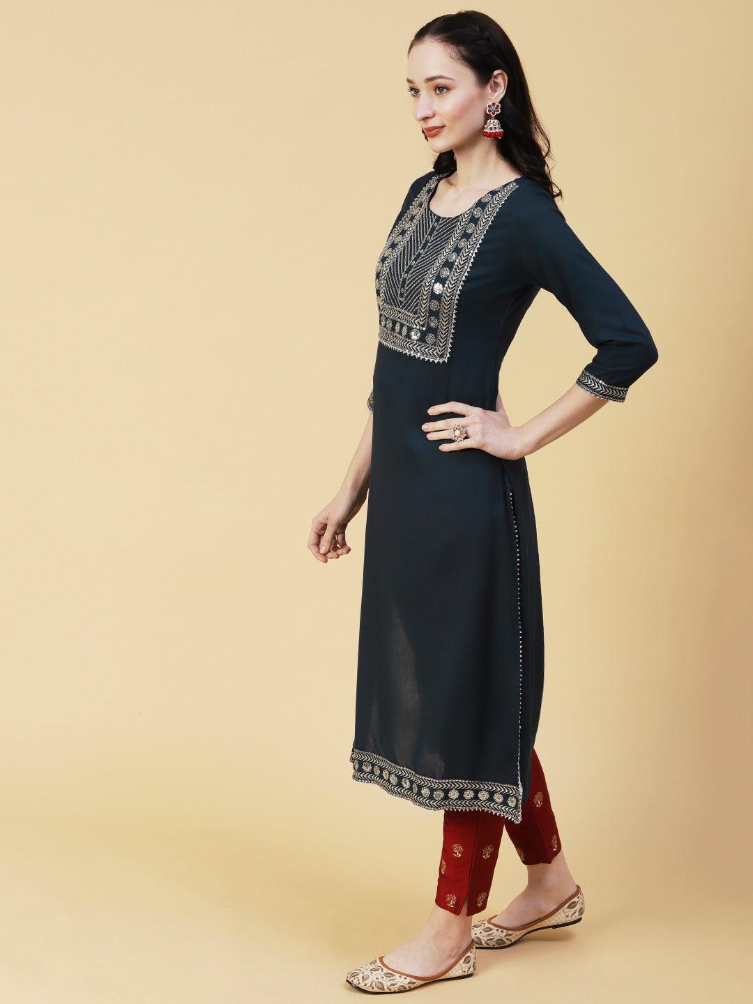 Solid Ethnic Sequin Embroidered Straight Fit Kurta - Dark Green - Indiakreations