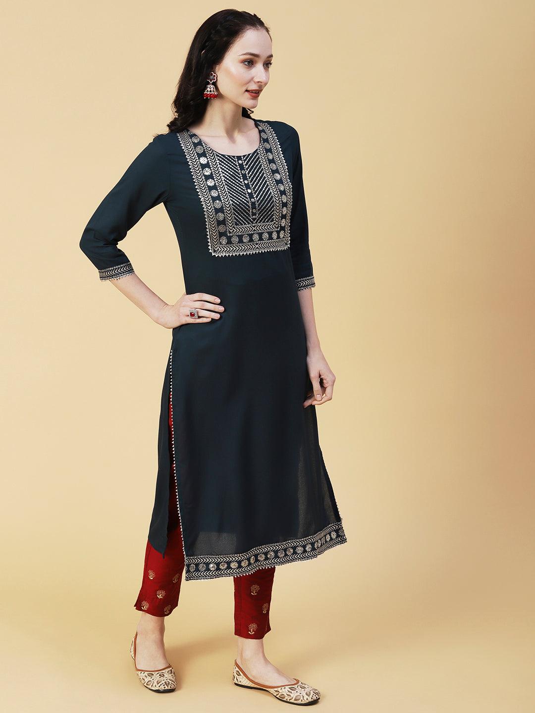 Solid Ethnic Sequin Embroidered Straight Fit Kurta - Dark Green - Indiakreations