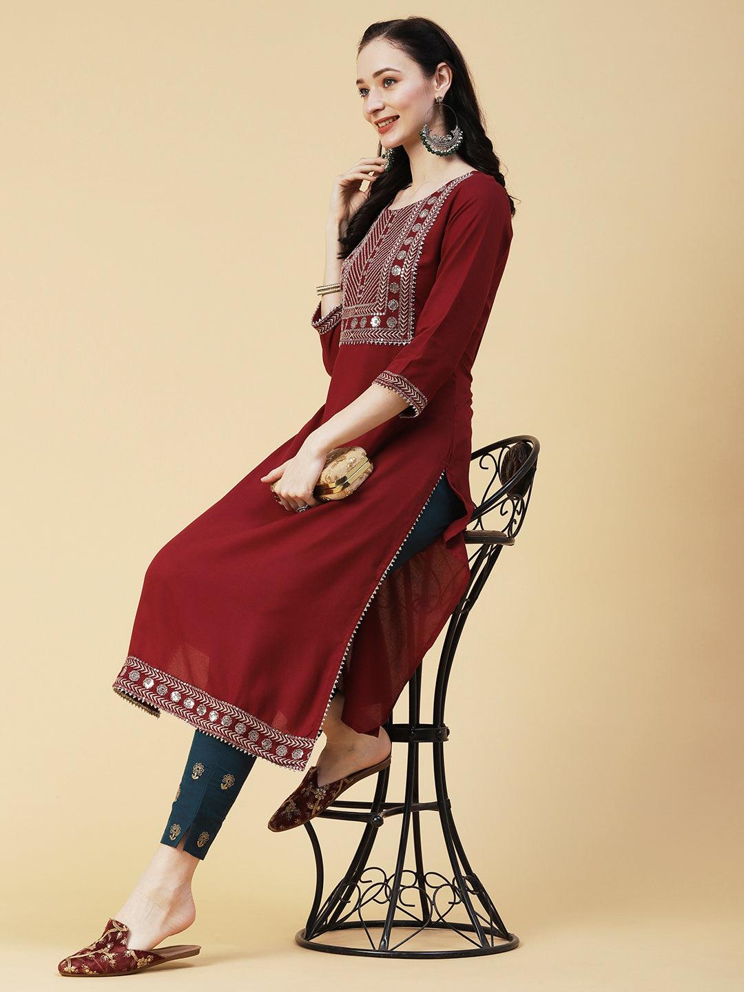 Solid Ethnic Sequin Embroidered Straight Fit Kurta - Maroon - Indiakreations