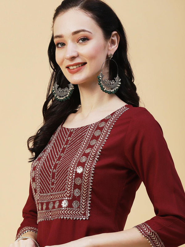 Solid Ethnic Sequin Embroidered Straight Fit Kurta - Maroon - Indiakreations