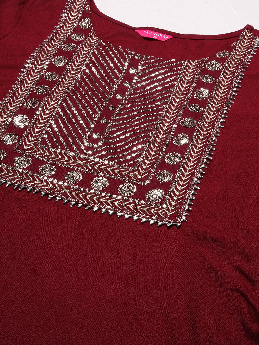 Solid Ethnic Sequin Embroidered Straight Fit Kurta - Maroon - Indiakreations