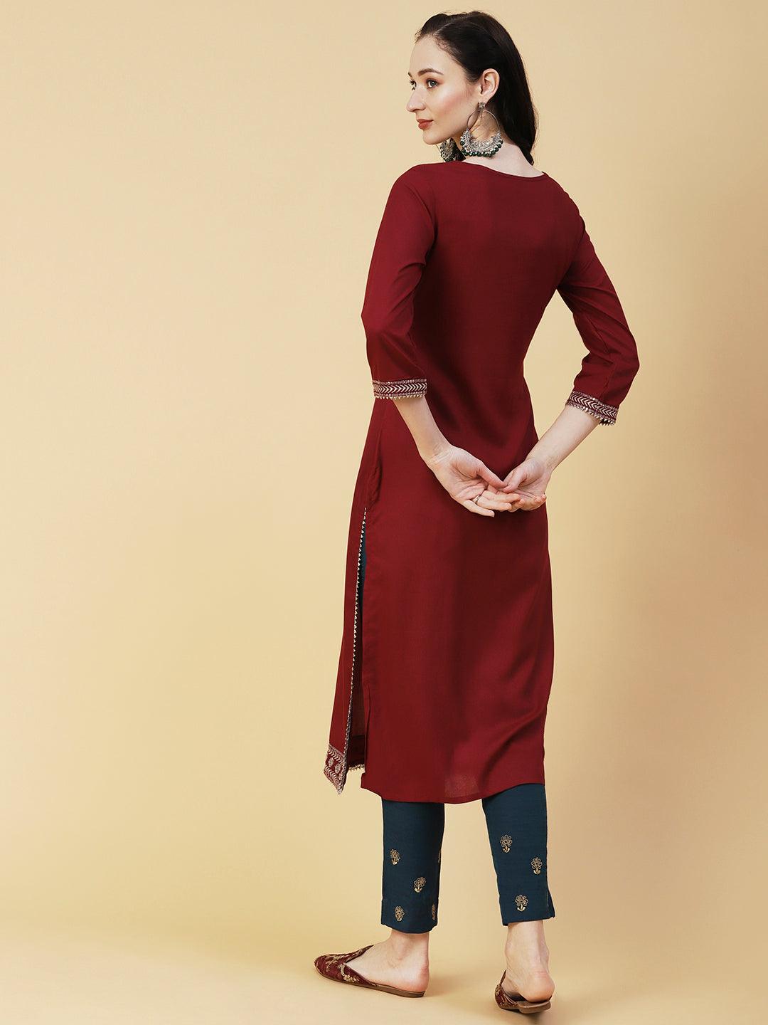 Solid Ethnic Sequin Embroidered Straight Fit Kurta - Maroon - Indiakreations