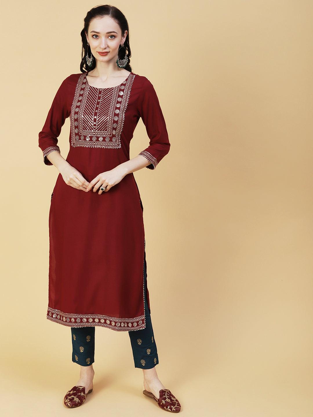 Solid Ethnic Sequin Embroidered Straight Fit Kurta - Maroon - Indiakreations