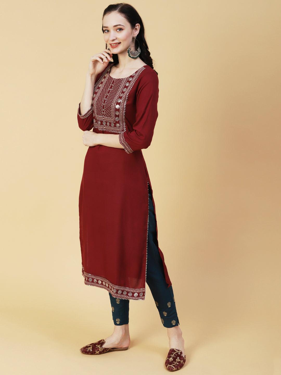 Solid Ethnic Sequin Embroidered Straight Fit Kurta - Maroon - Indiakreations