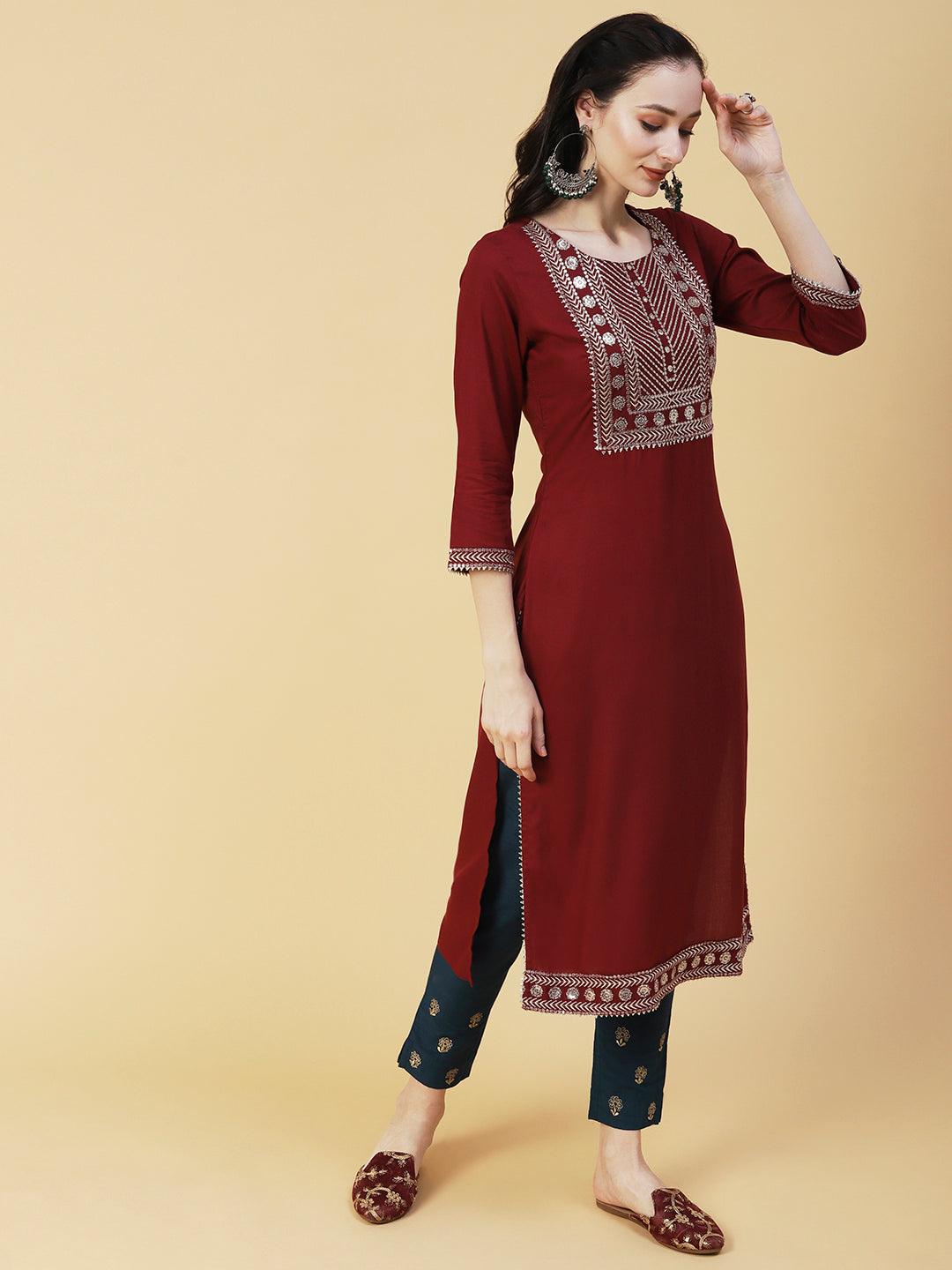 Solid Ethnic Sequin Embroidered Straight Fit Kurta - Maroon - Indiakreations