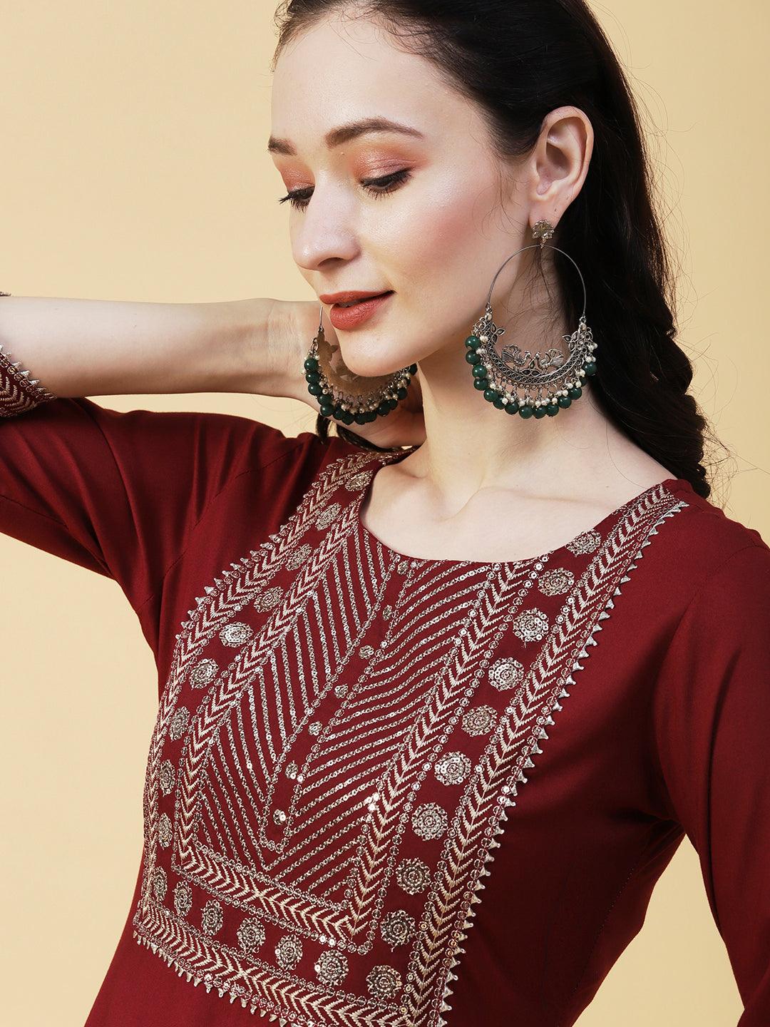 Solid Ethnic Sequin Embroidered Straight Fit Kurta - Maroon - Indiakreations