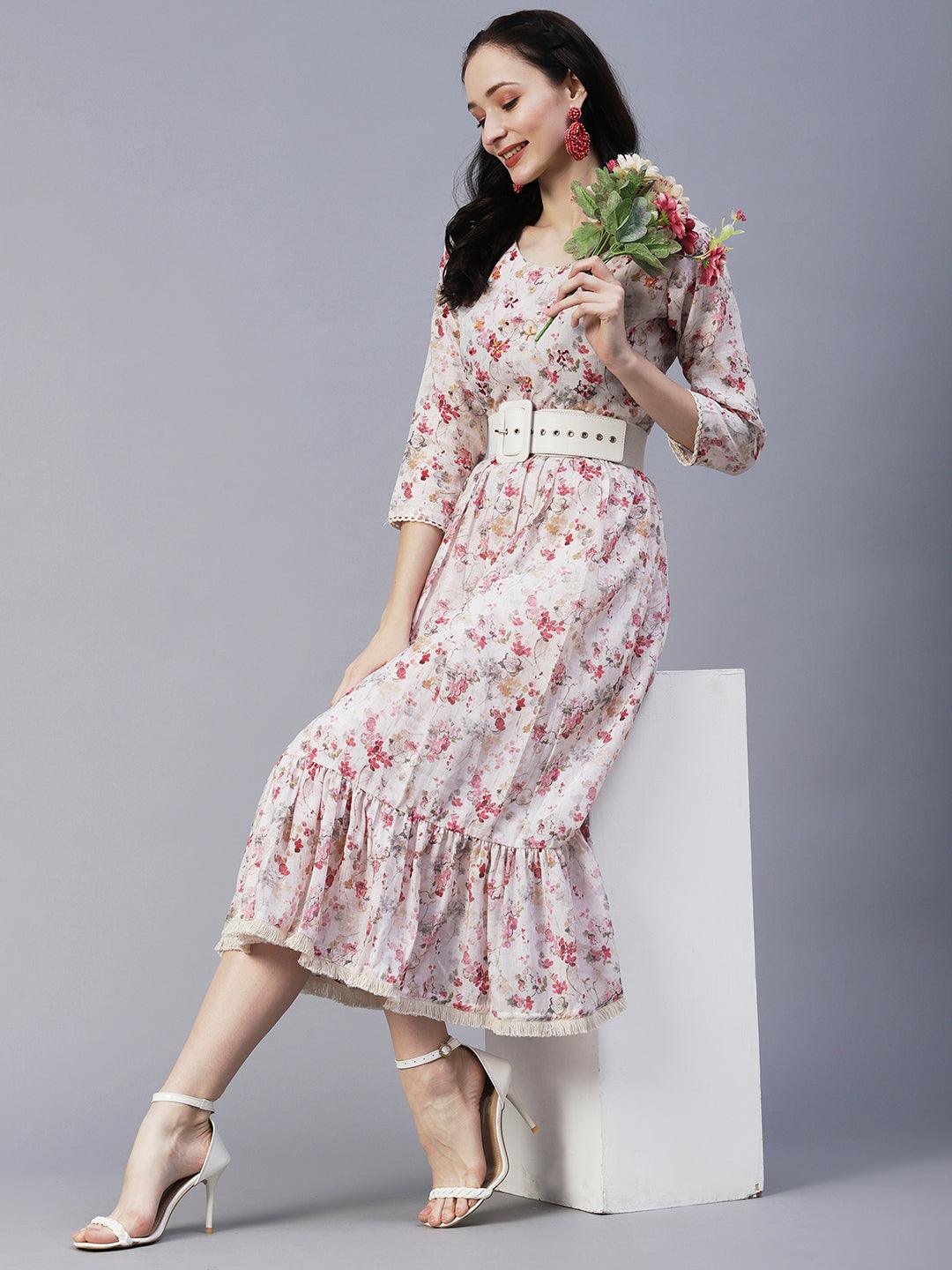 Vintage Floral Printed & Hand Embroidered Fit & Flare Maxi Dress - Off White - Indiakreations