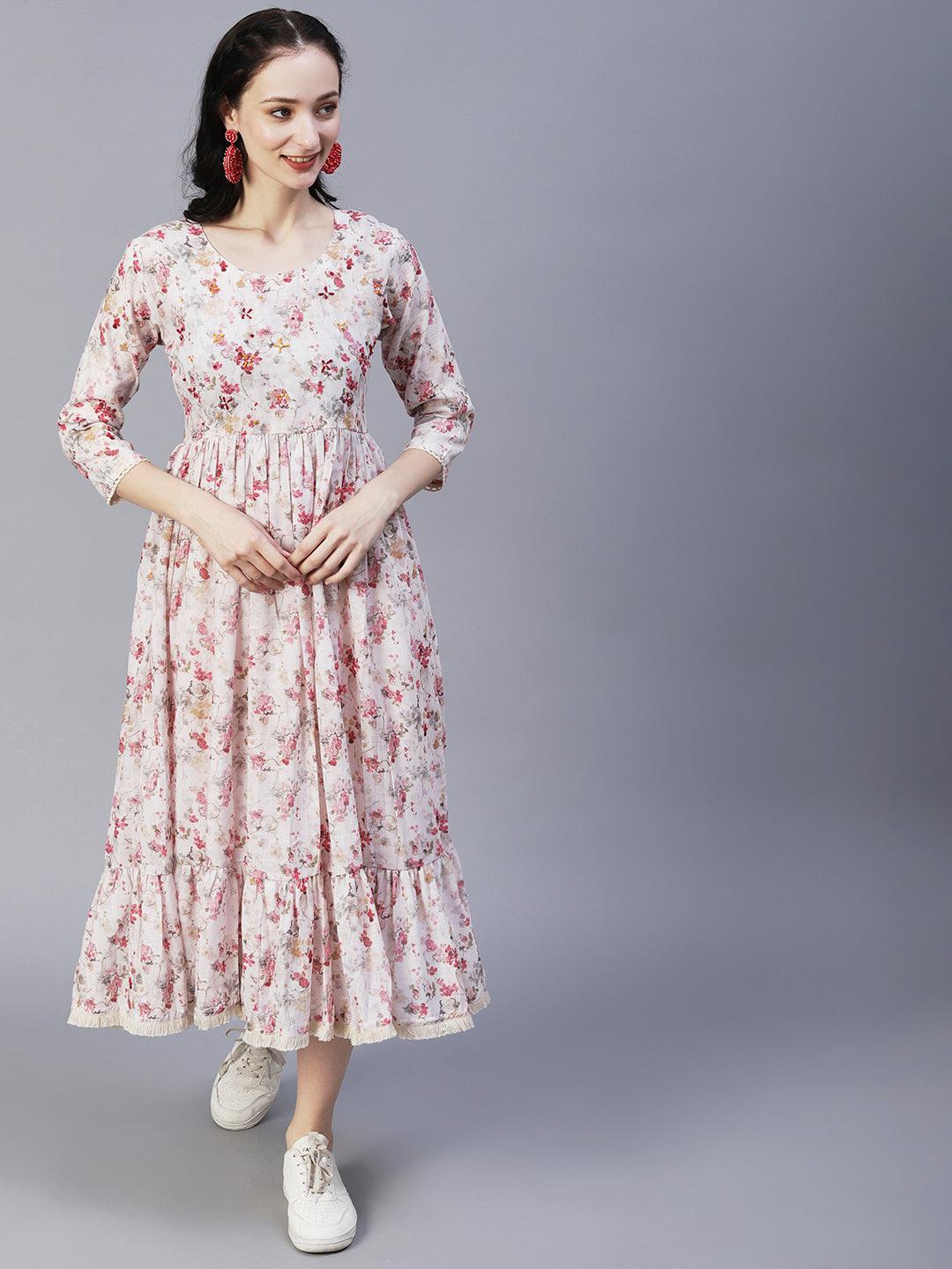 Vintage Floral Printed & Hand Embroidered Fit & Flare Maxi Dress - Off White - Indiakreations