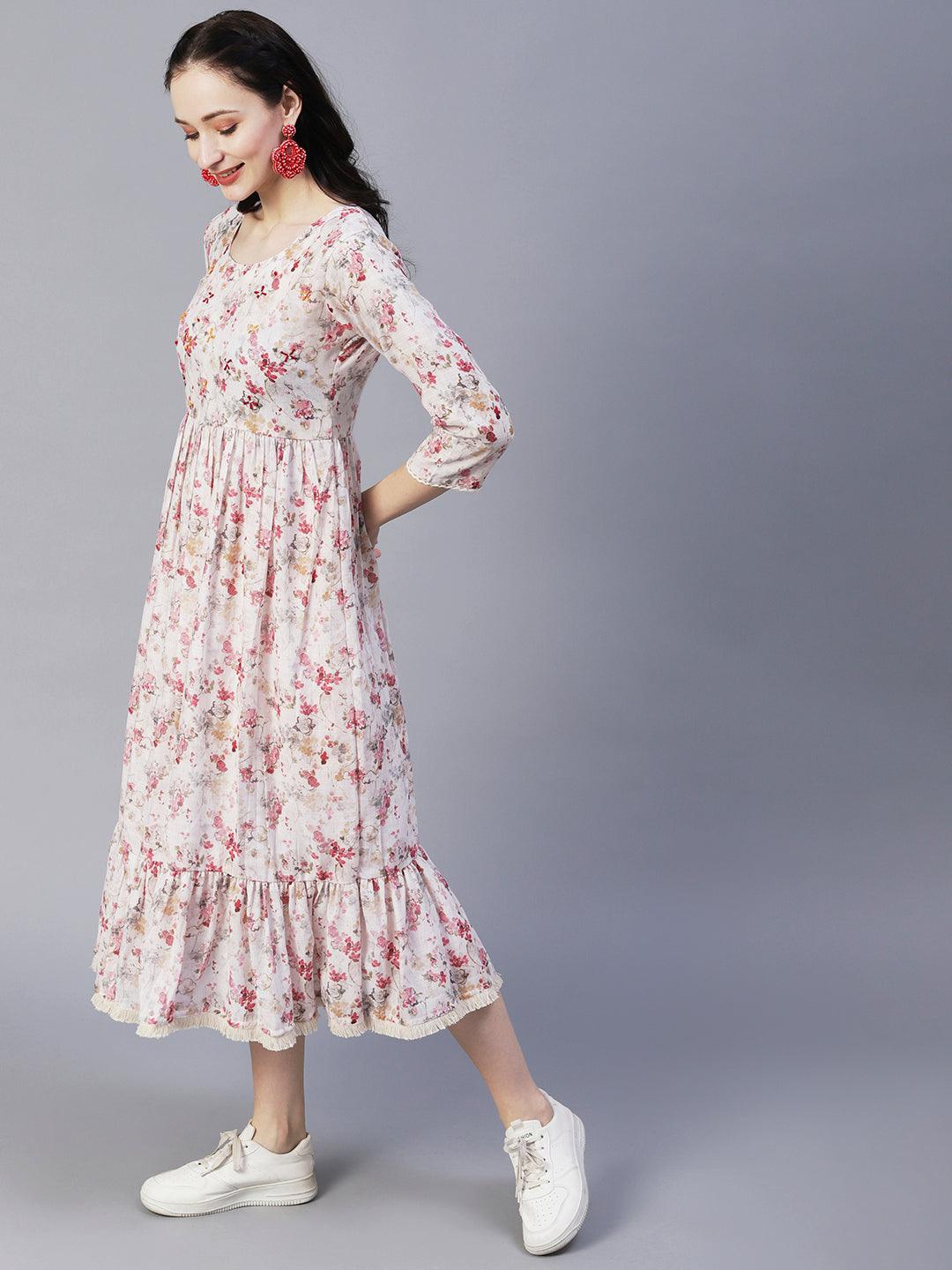 Vintage Floral Printed & Hand Embroidered Fit & Flare Maxi Dress - Off White - Indiakreations