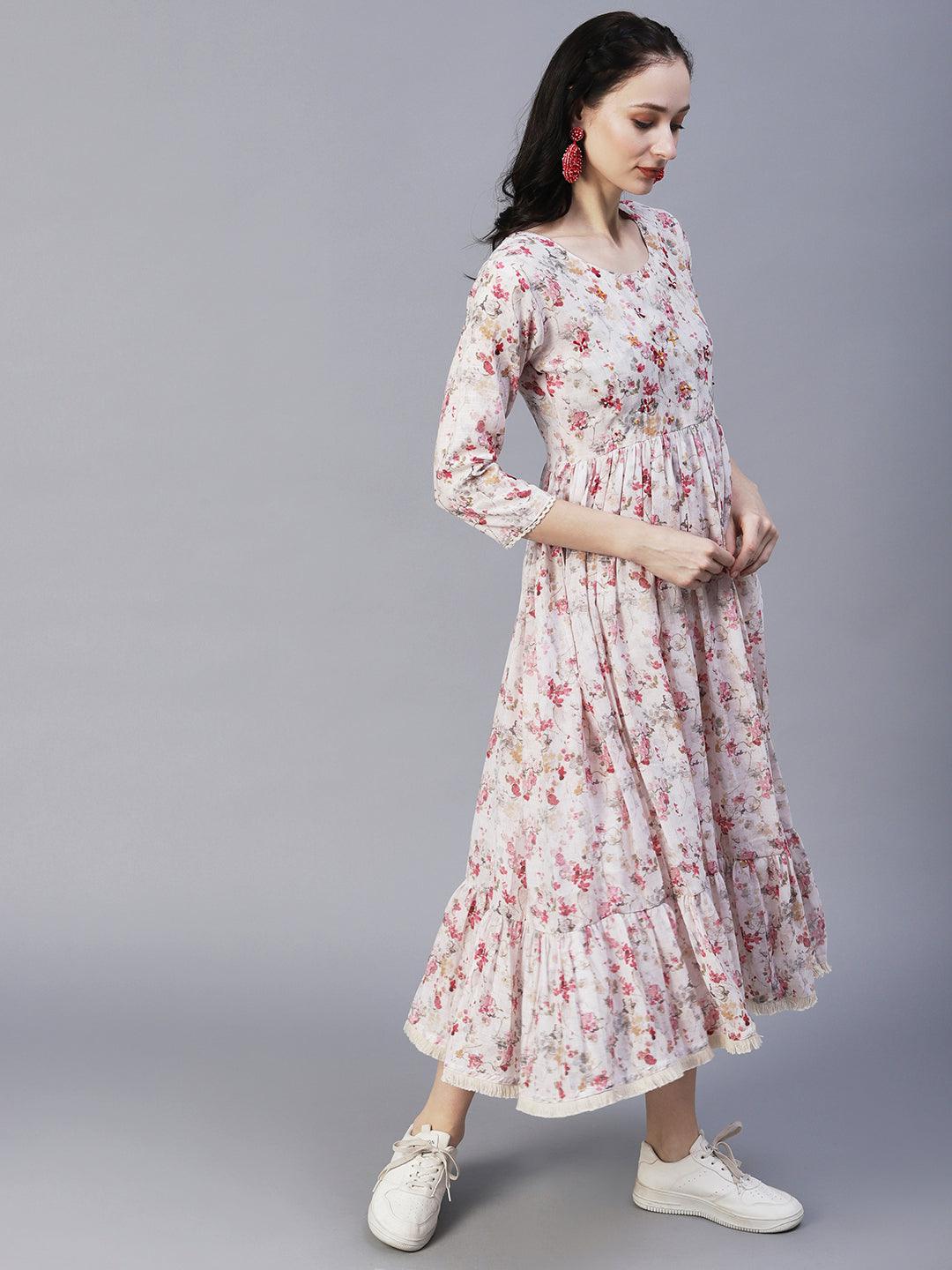 Vintage Floral Printed & Hand Embroidered Fit & Flare Maxi Dress - Off White - Indiakreations