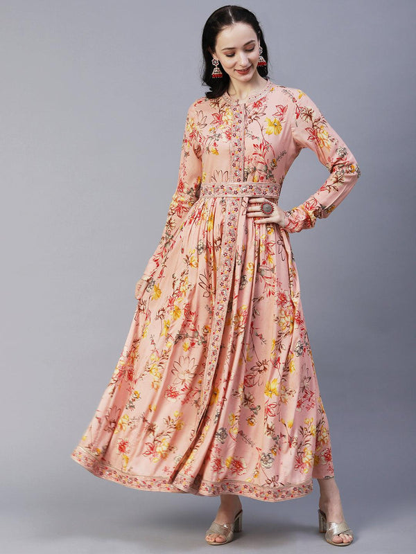 Floral Printed Zari & Resham Embroidered Maxi Dress With Embroidered Belt - Peach - Indiakreations