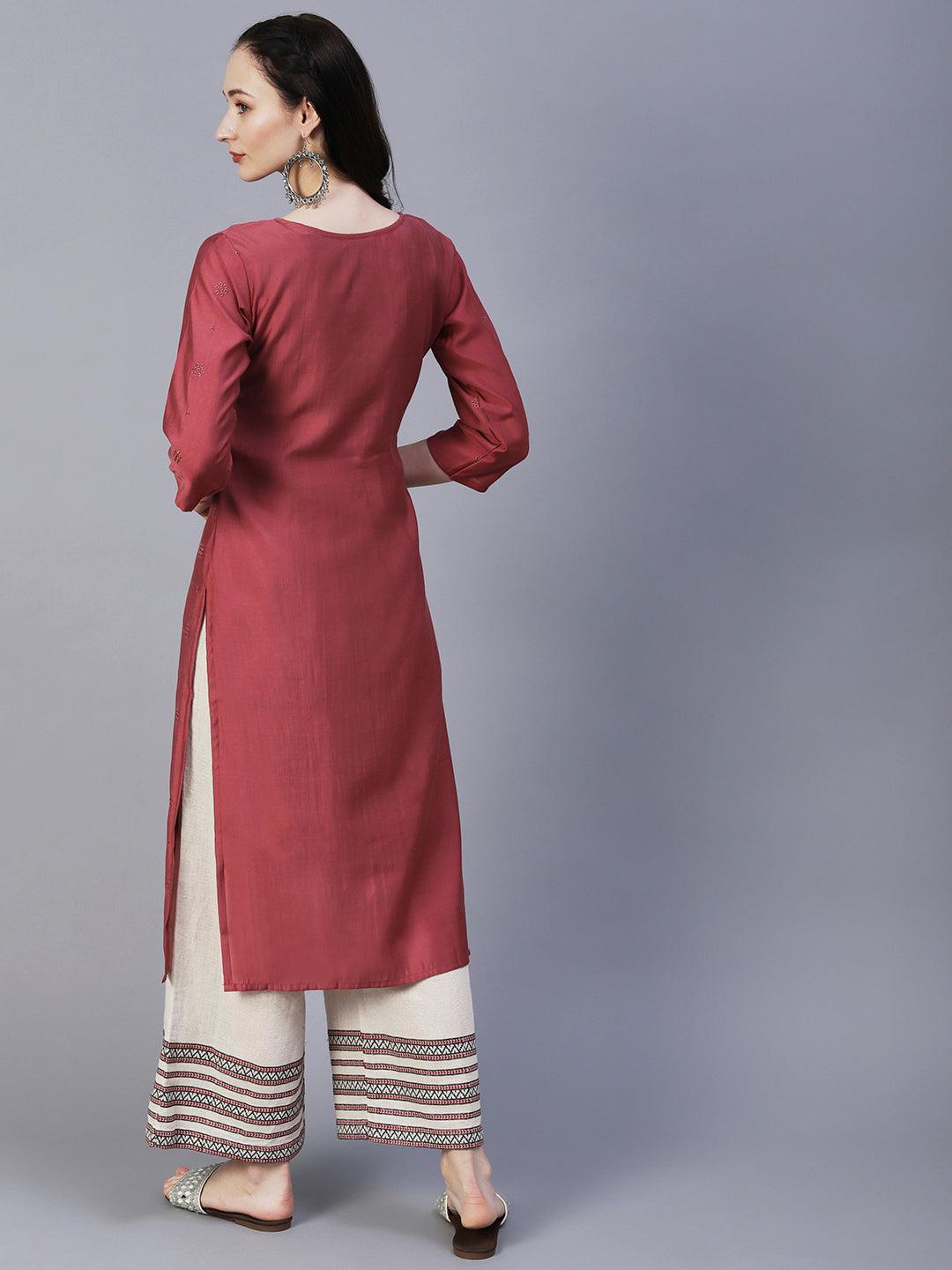 Solid Floral Embroidered Straight Fit Kurta - Rose Gold - Indiakreations