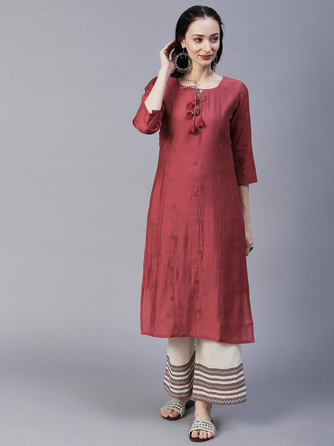 Solid Floral Embroidered Straight Fit Kurta - Rose Gold - Indiakreations