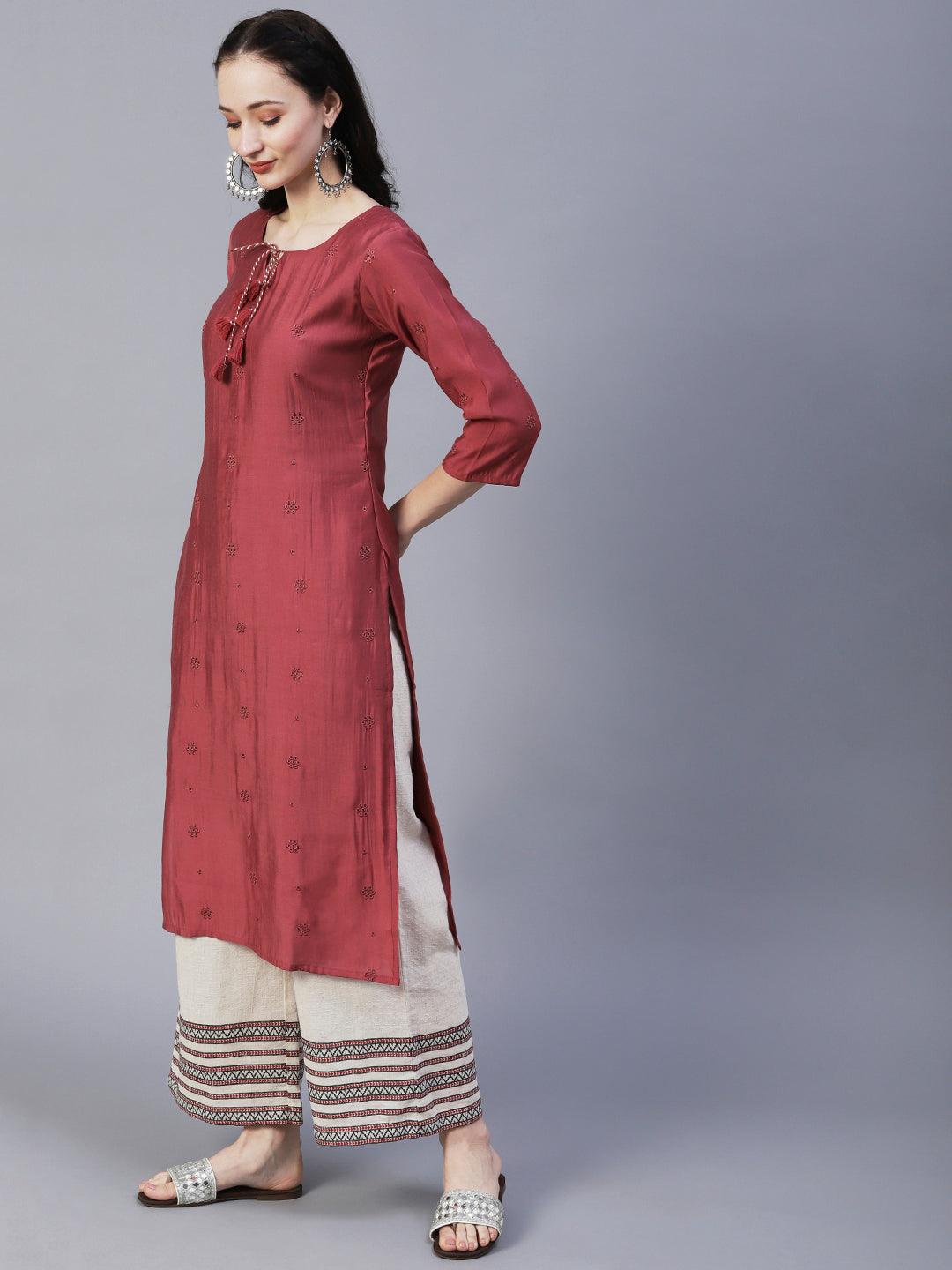 Solid Floral Embroidered Straight Fit Kurta - Rose Gold - Indiakreations