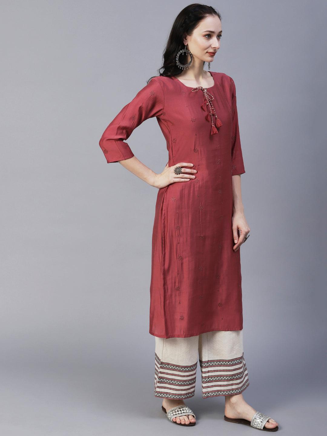 Solid Floral Embroidered Straight Fit Kurta - Rose Gold - Indiakreations