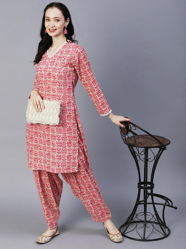 Ethnic Floral Printed Straight Fit Kurta with Salwar - Pink - Indiakreations