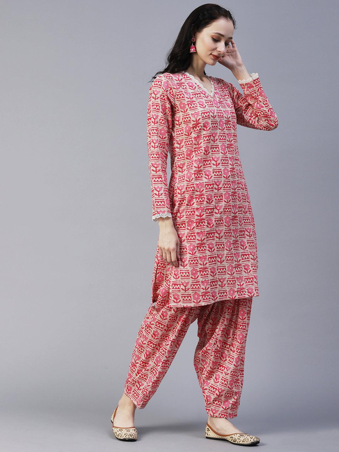 Ethnic Floral Printed Straight Fit Kurta with Salwar - Pink - Indiakreations