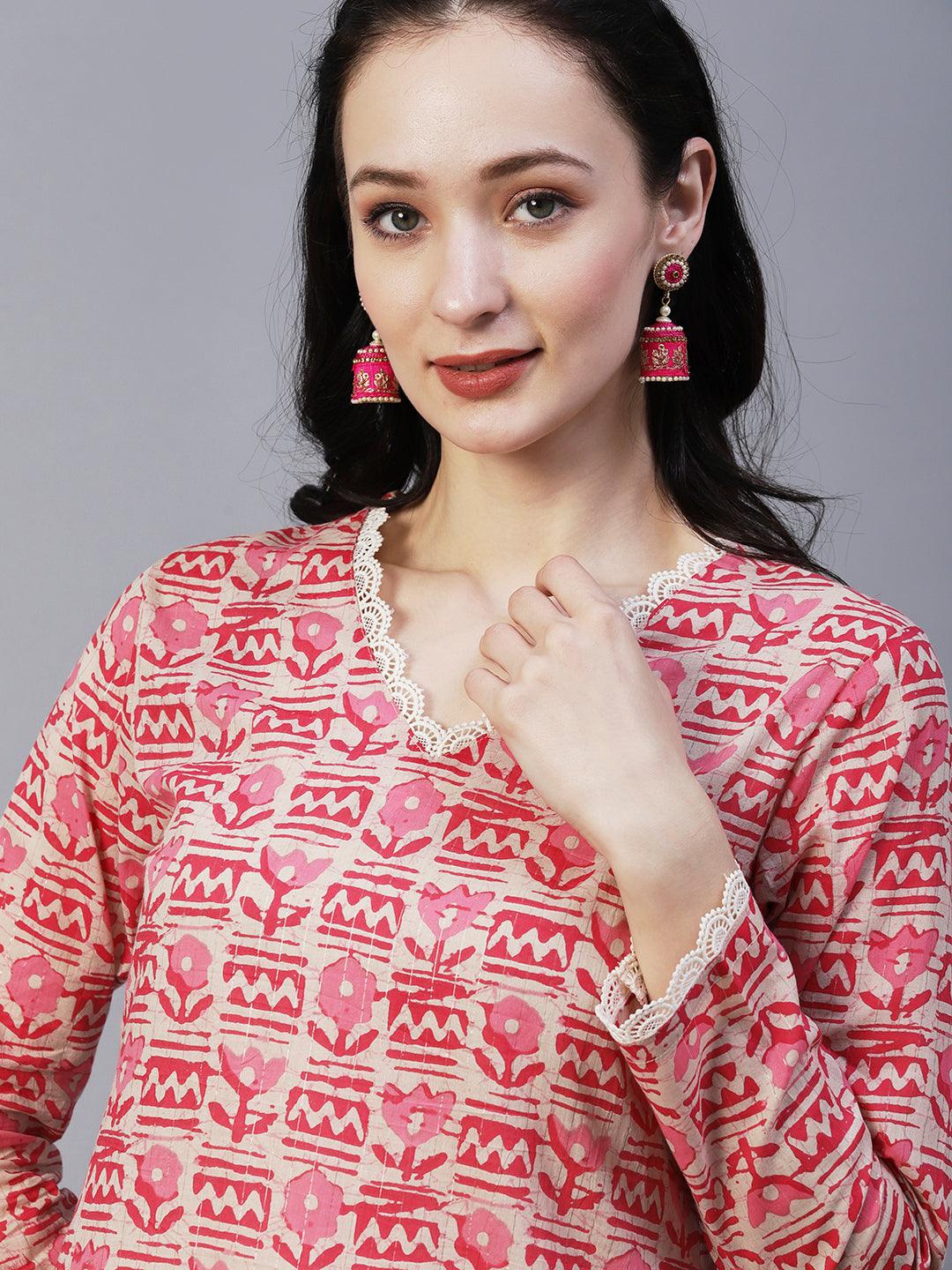 Ethnic Floral Printed Straight Fit Kurta with Salwar - Pink - Indiakreations