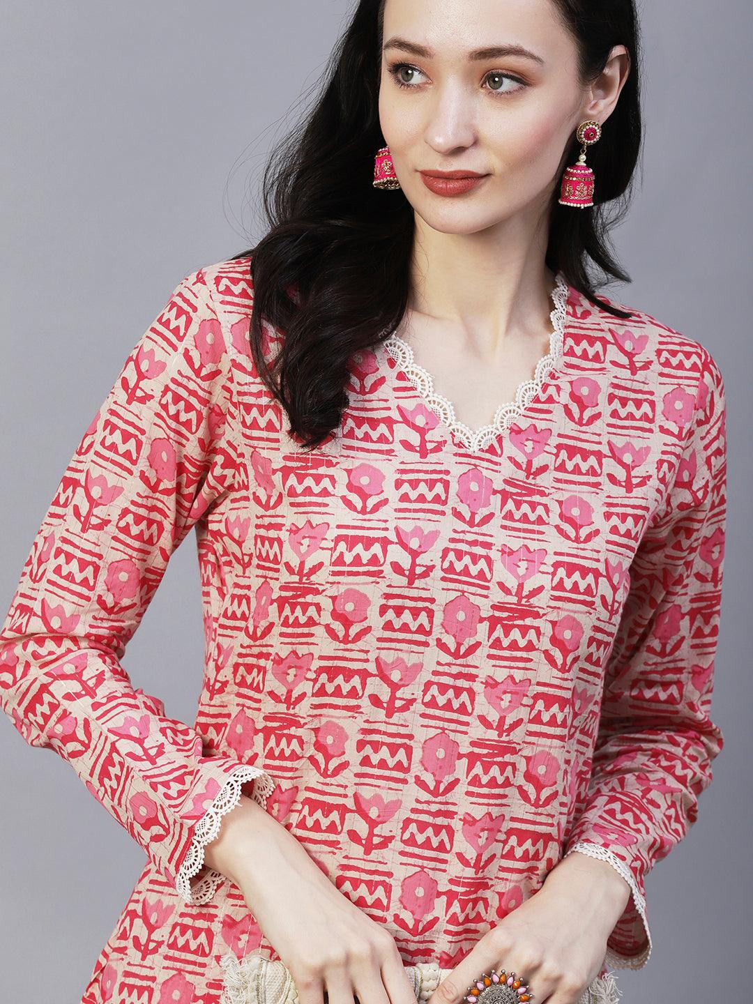 Ethnic Floral Printed Straight Fit Kurta with Salwar - Pink - Indiakreations