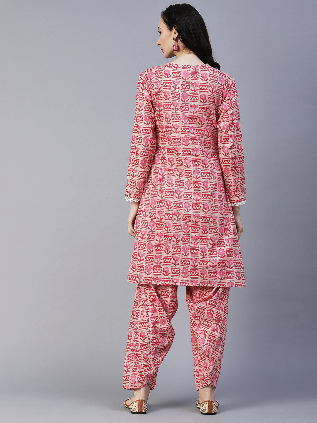 Ethnic Floral Printed Straight Fit Kurta with Salwar - Pink - Indiakreations