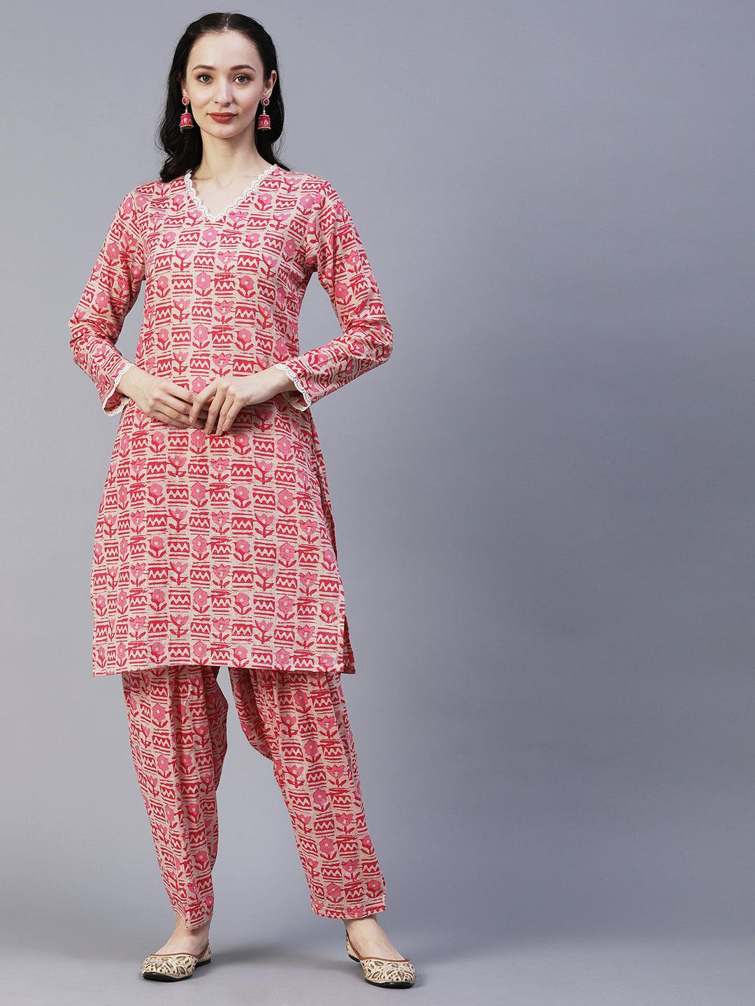 Ethnic Floral Printed Straight Fit Kurta with Salwar - Pink - Indiakreations