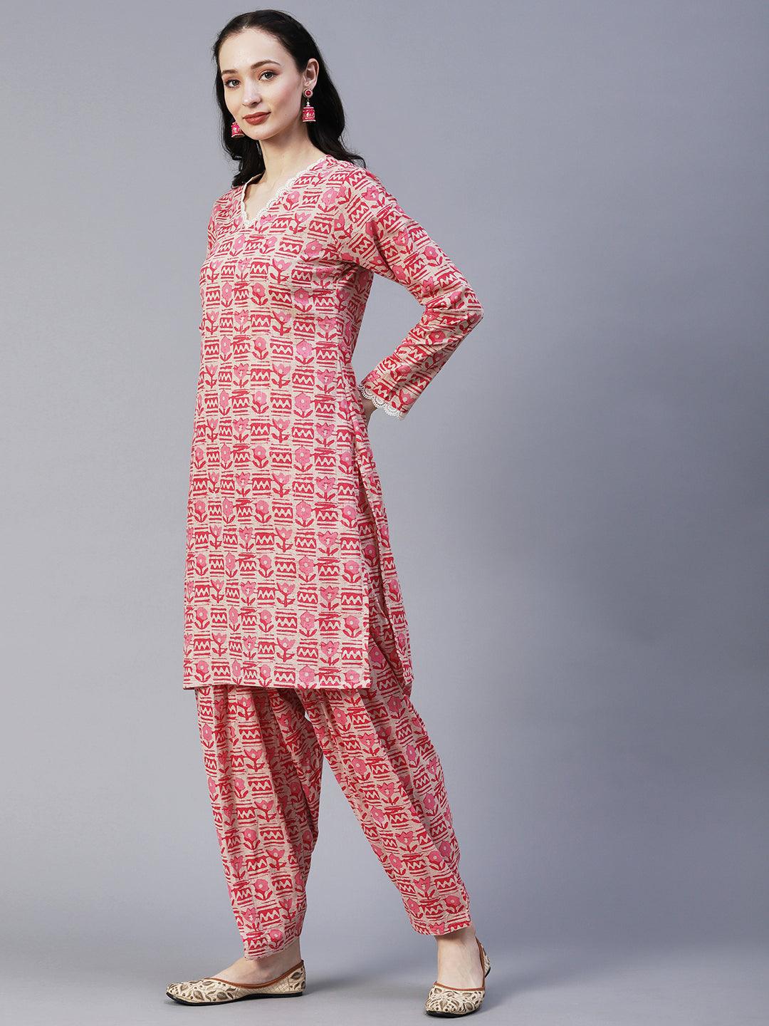 Ethnic Floral Printed Straight Fit Kurta with Salwar - Pink - Indiakreations