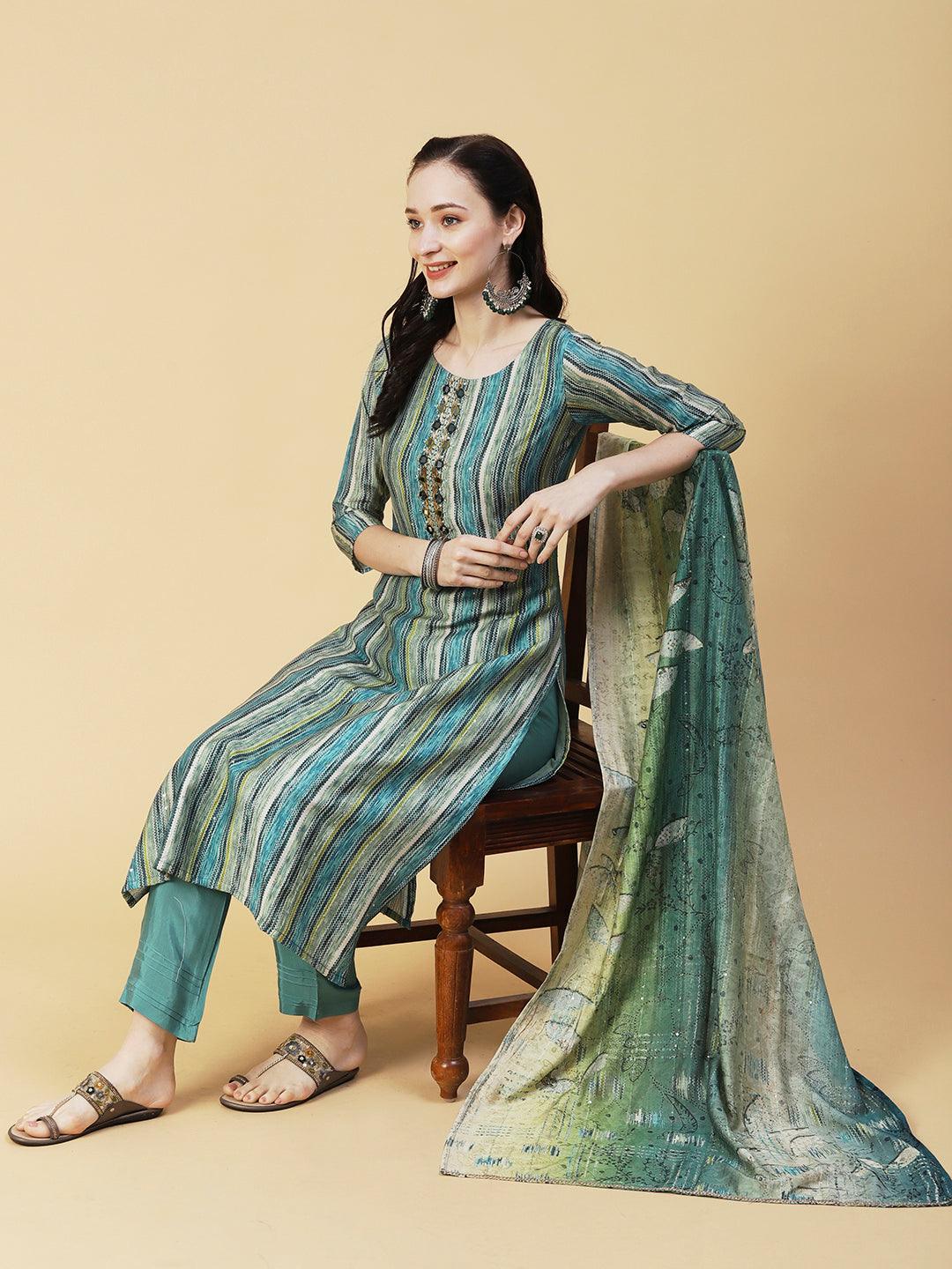 Abstract Striped Mirror Embroidered Kurta With Pants & Sequined Dupatta - Green - Indiakreations