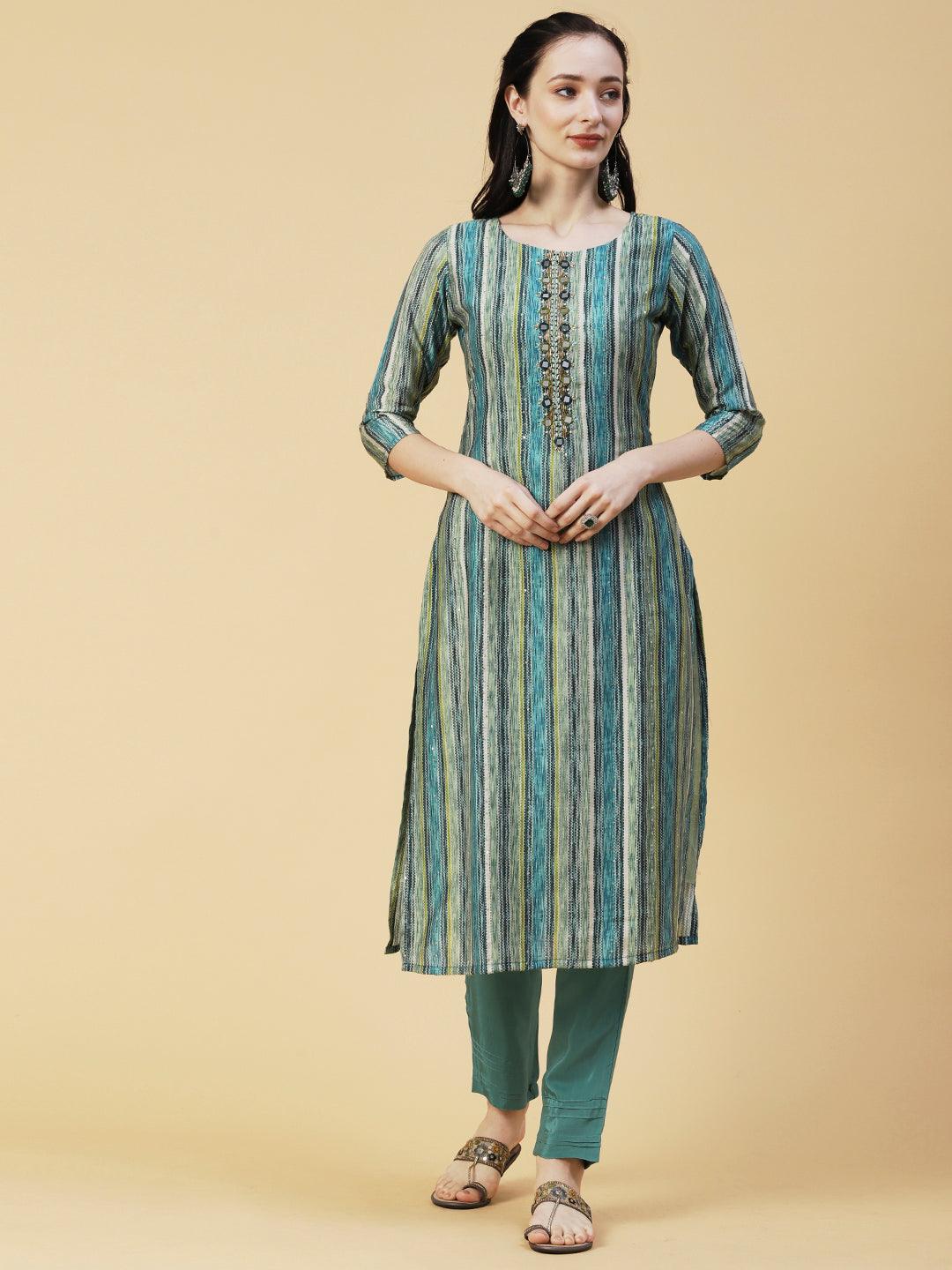 Abstract Striped Mirror Embroidered Kurta With Pants & Sequined Dupatta - Green - Indiakreations