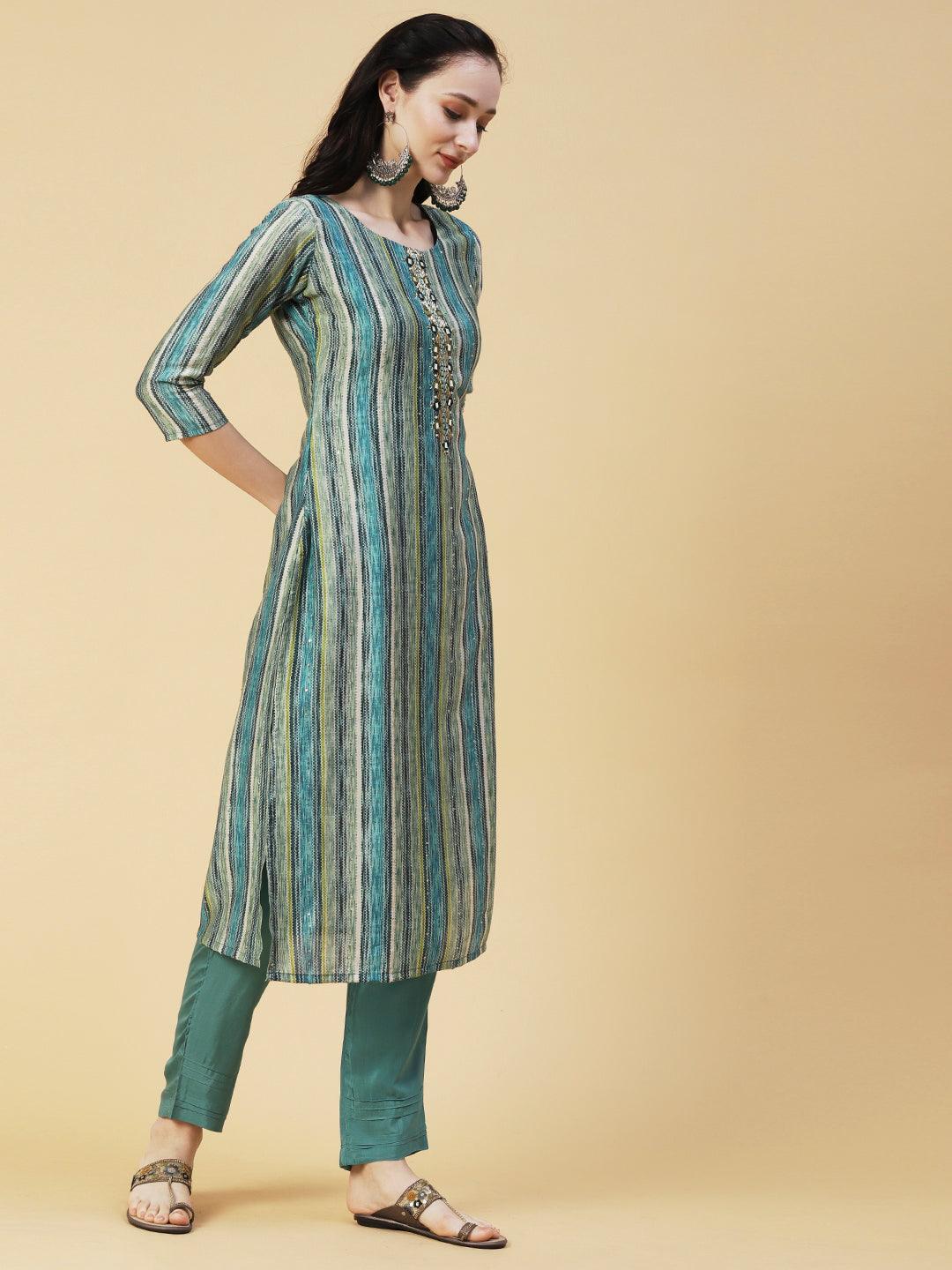 Abstract Striped Mirror Embroidered Kurta With Pants & Sequined Dupatta - Green - Indiakreations