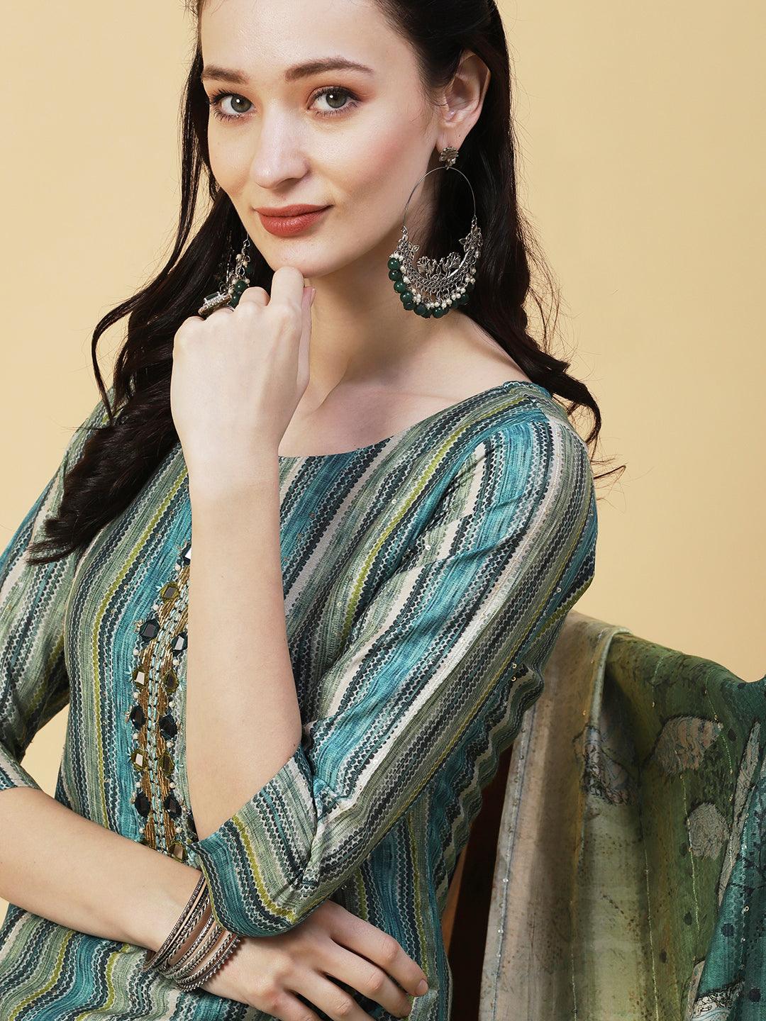 Abstract Striped Mirror Embroidered Kurta With Pants & Sequined Dupatta - Green - Indiakreations